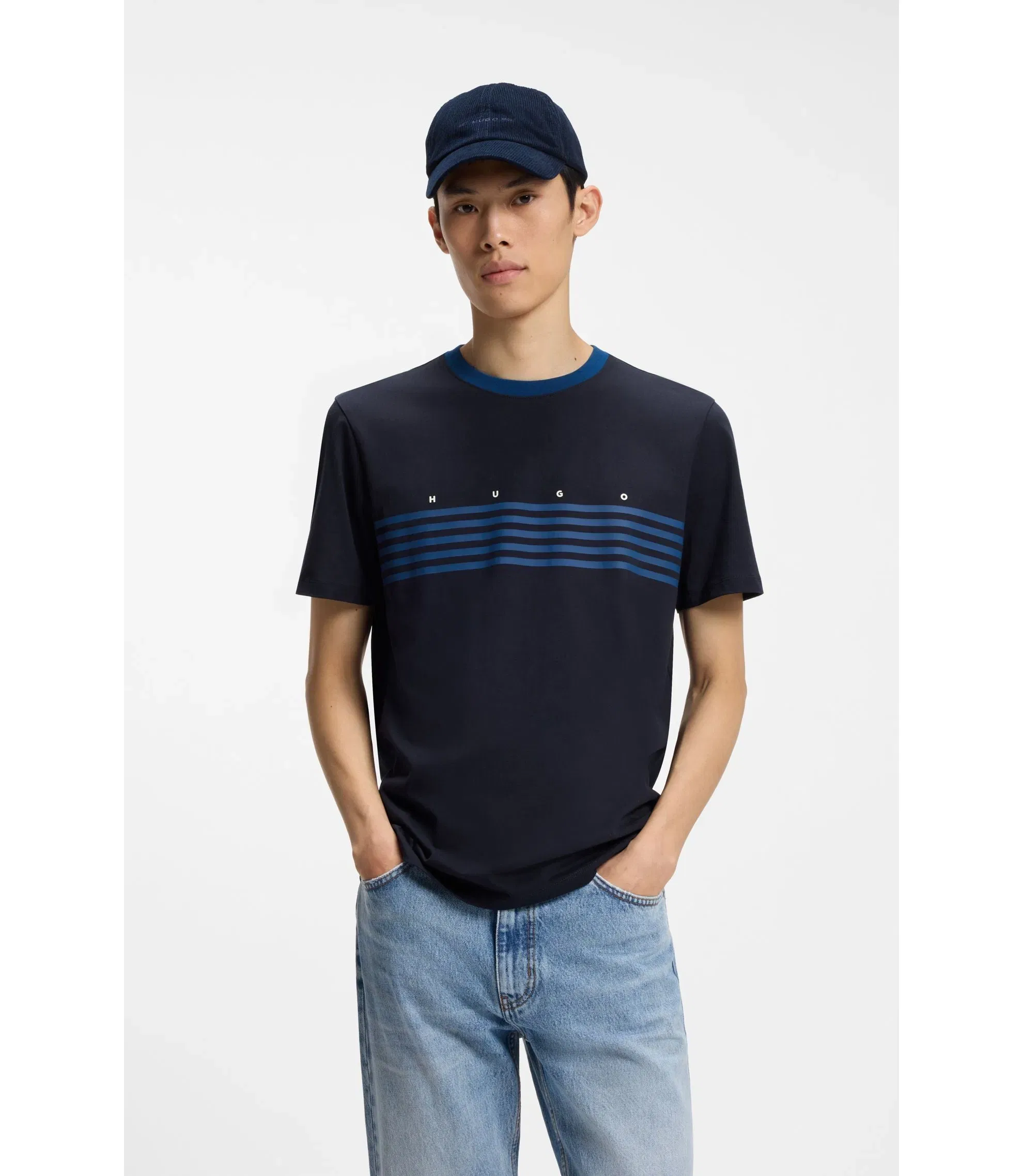 Hugo Cotton T-Shirt With Printed Stripes Dark Blue