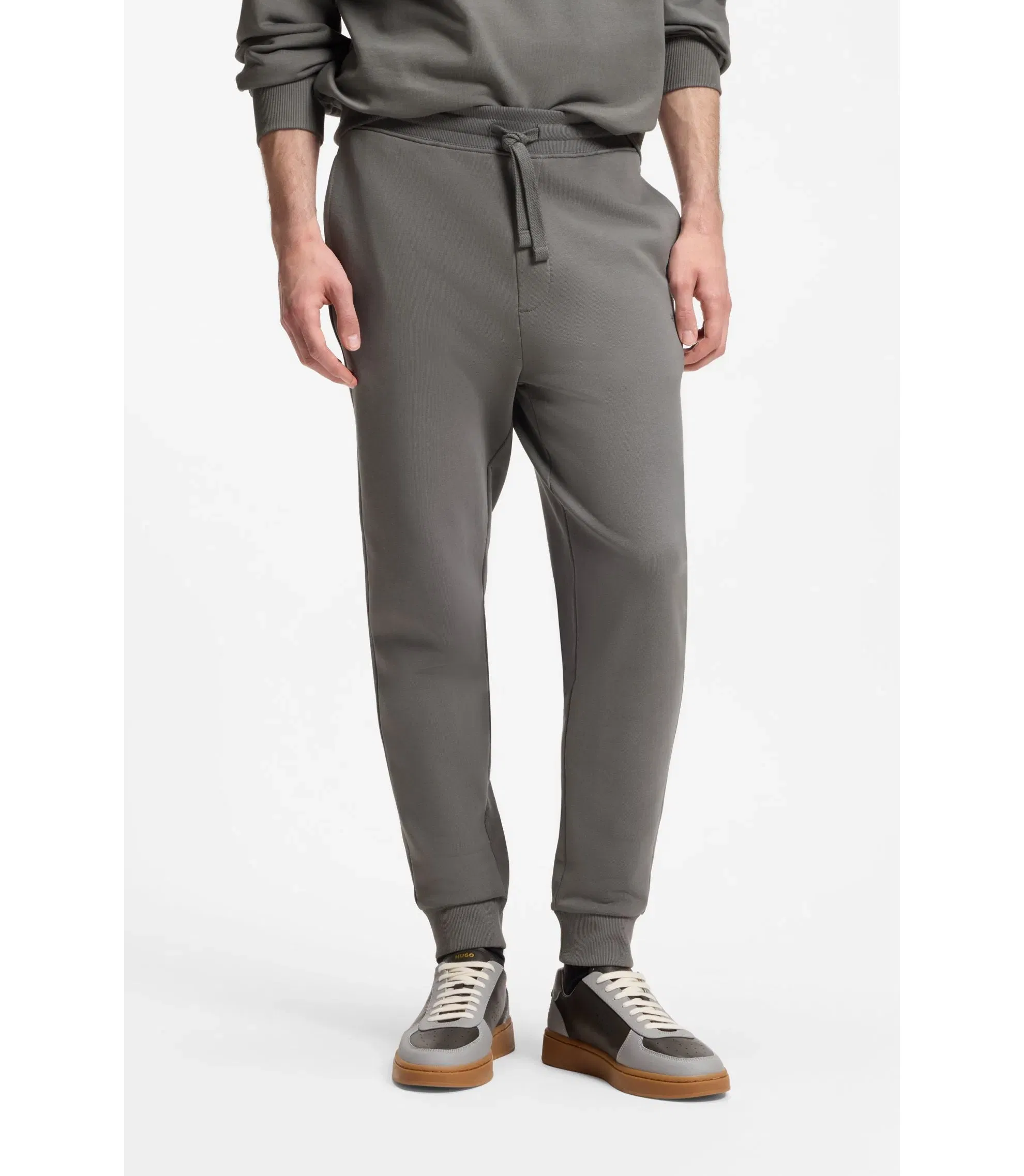 Hugo Cuffed Sweatpants In Cotton Terry With Logo Print Dark Grey