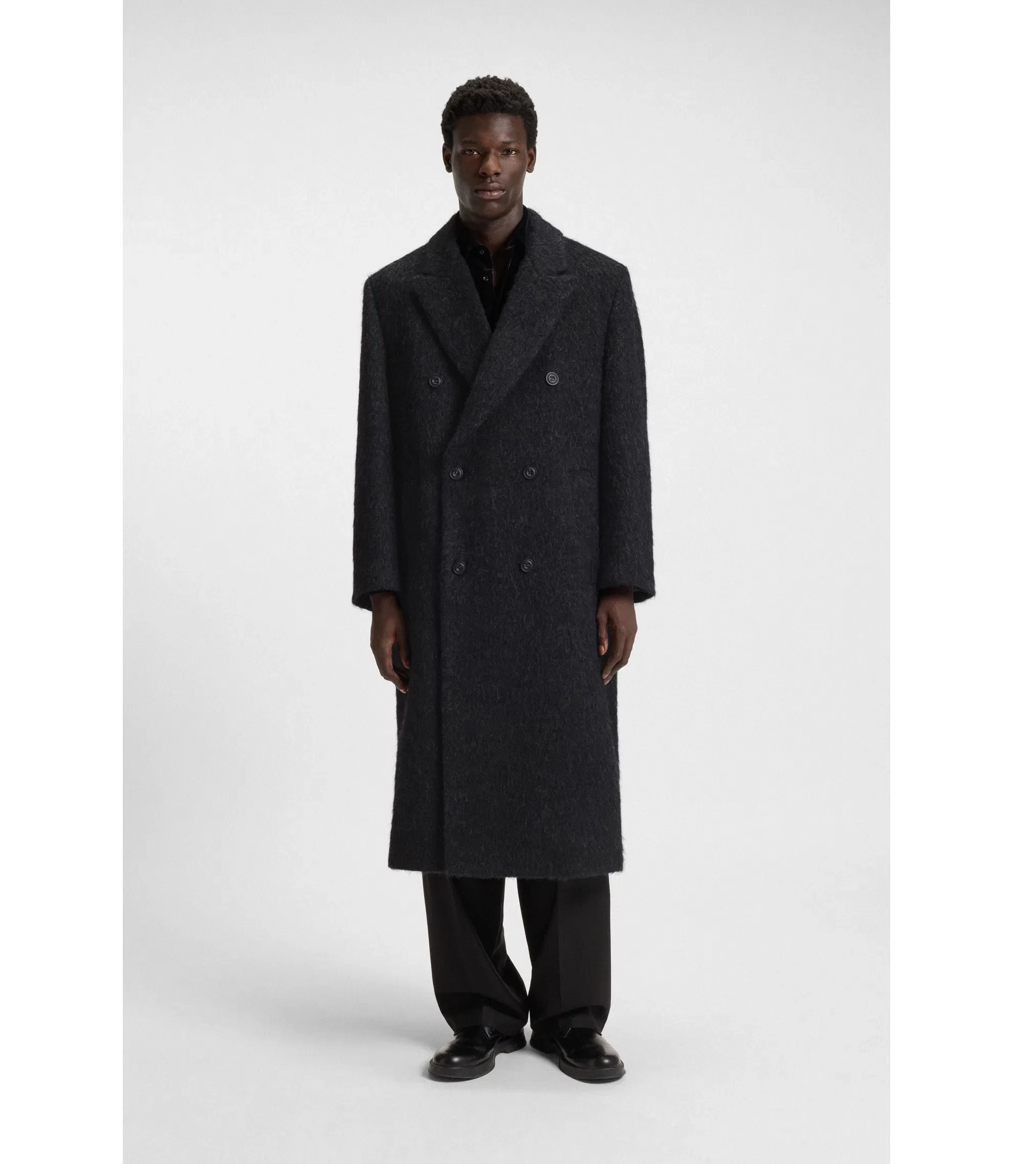 Hugo Double Breasted Coat In A Relaxed Fit Black