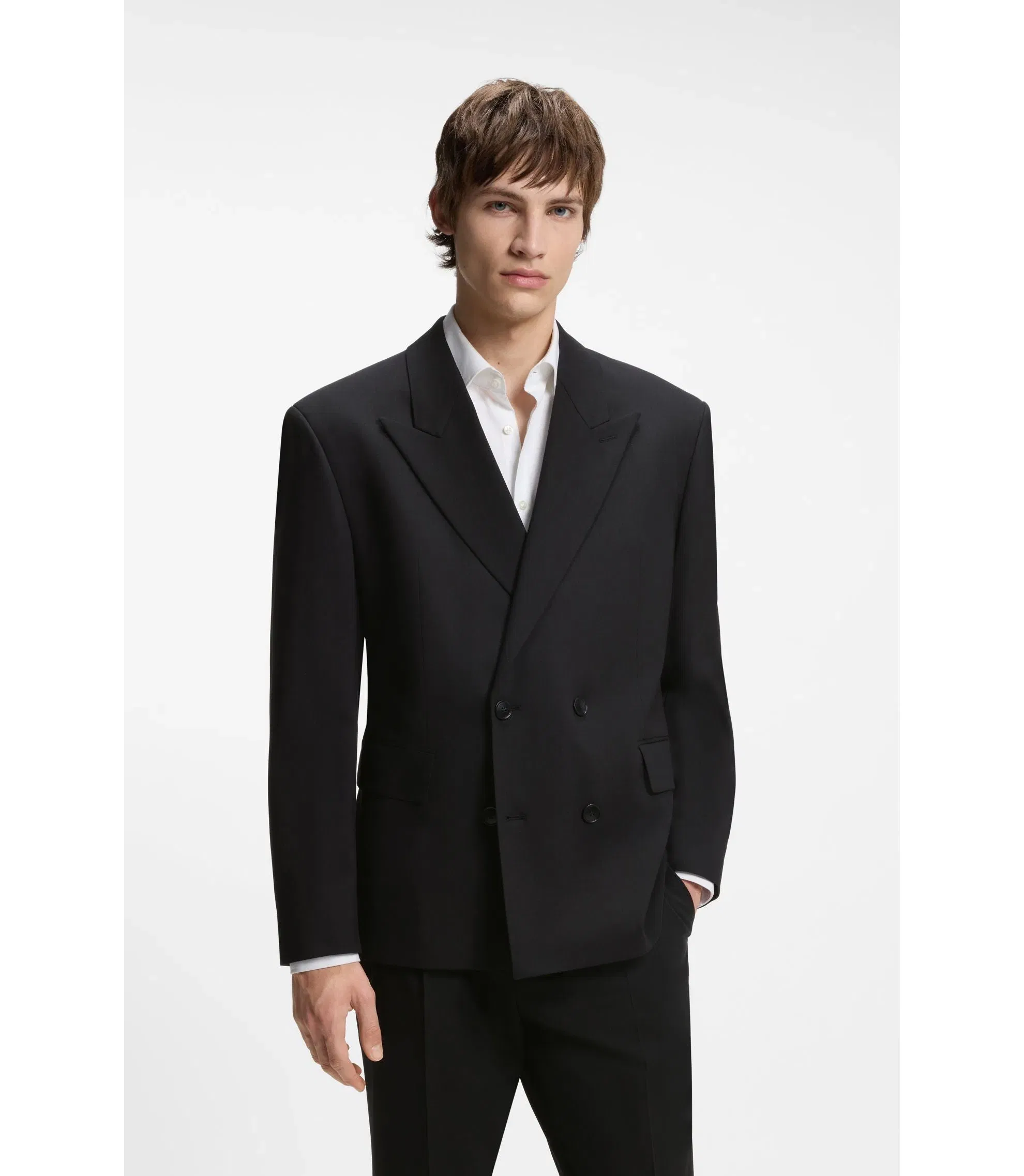 Hugo Double Breasted Suit Jacket In Wool Blend Twill Black