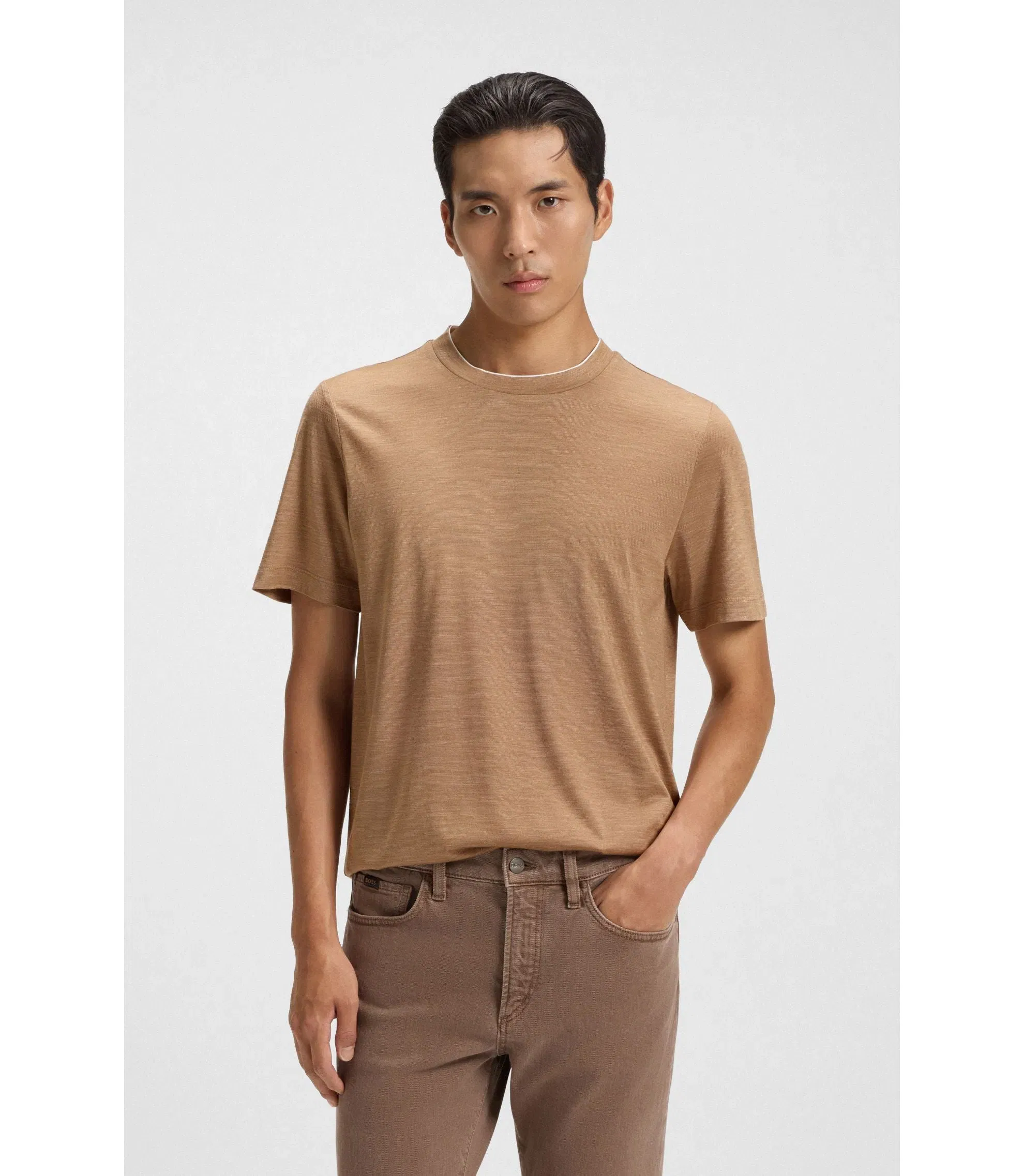 Boss Double Collar T-Shirt In Cotton And Silk Brown