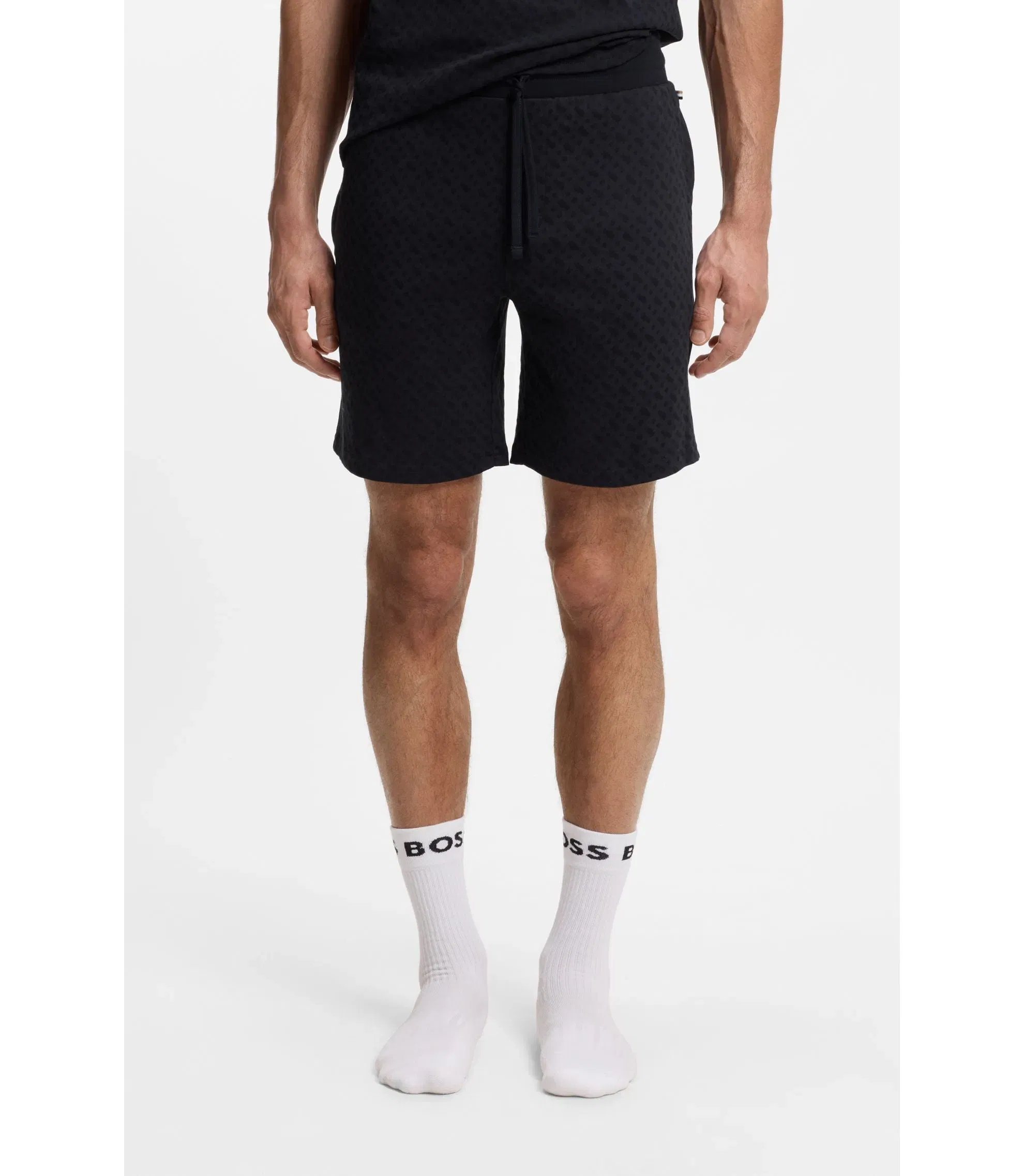 Boss Drawstring Pajama Shorts In Cotton With Printed Branding Dark Blue