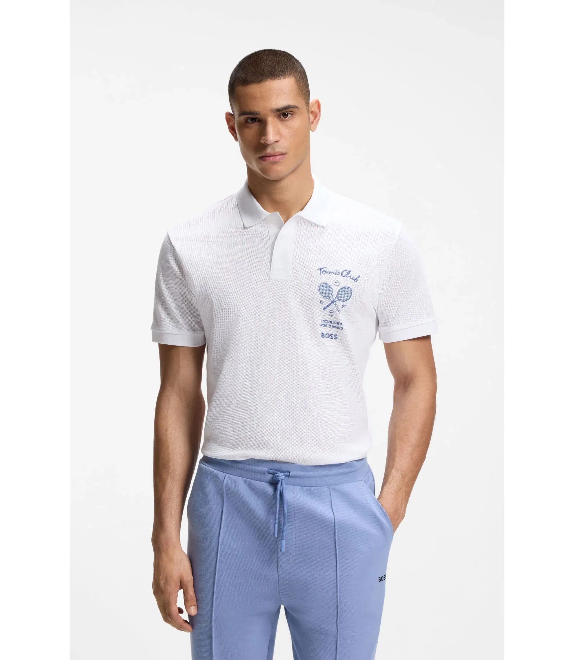 Boss Embroidered Artwork Polo Shirt In Cotton Mesh White