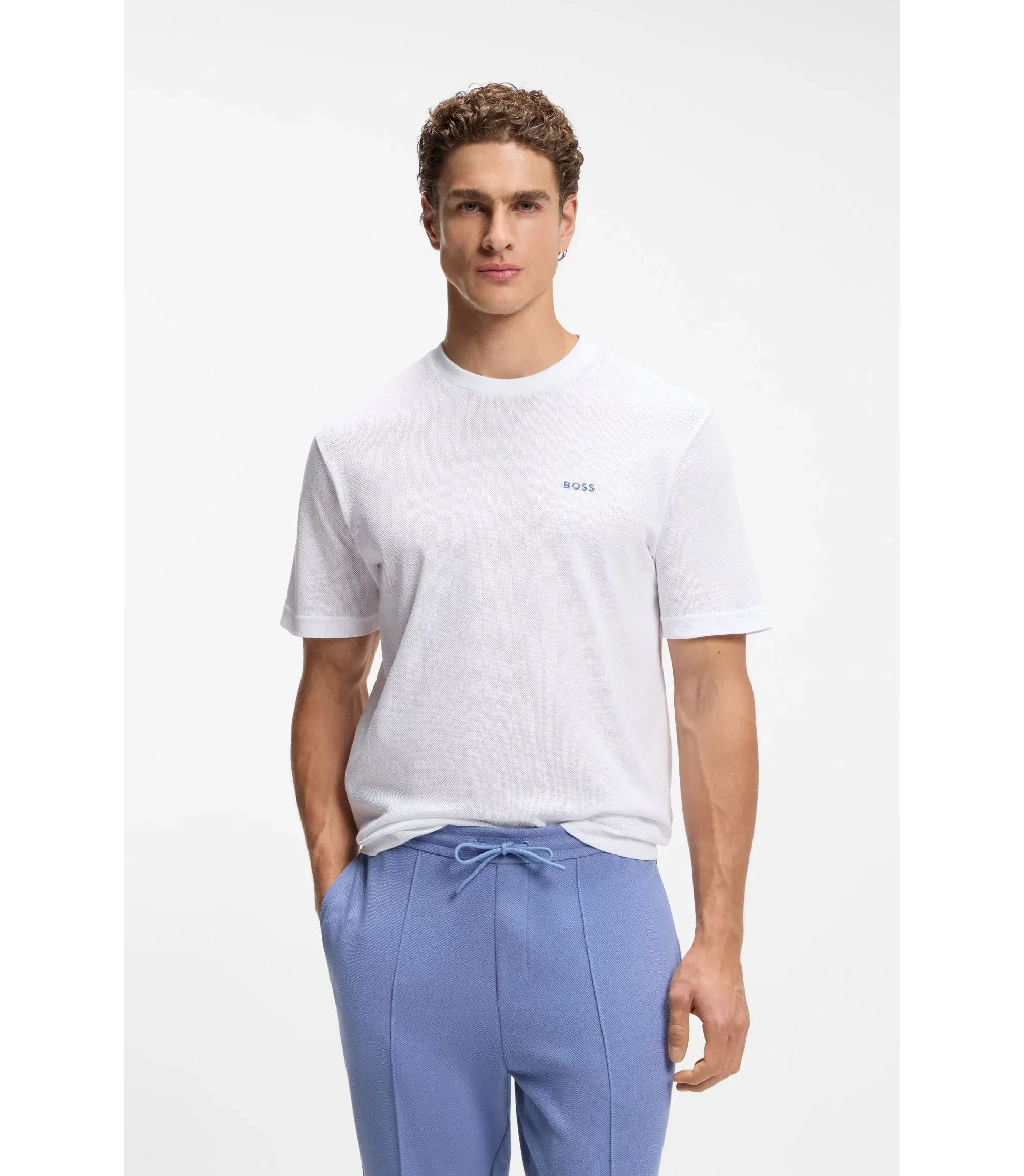 Boss Embroidered Artwork T-Shirt In Cotton Mesh White