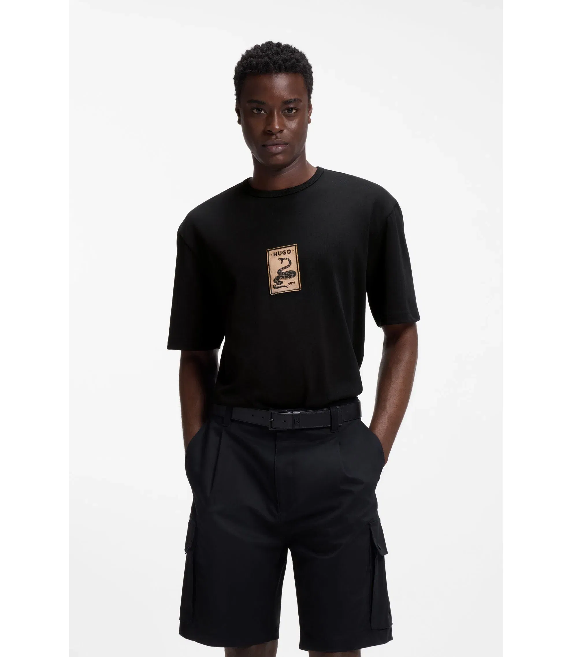 Hugo Embroidered Badge T-Shirt In Cotton Terry Black