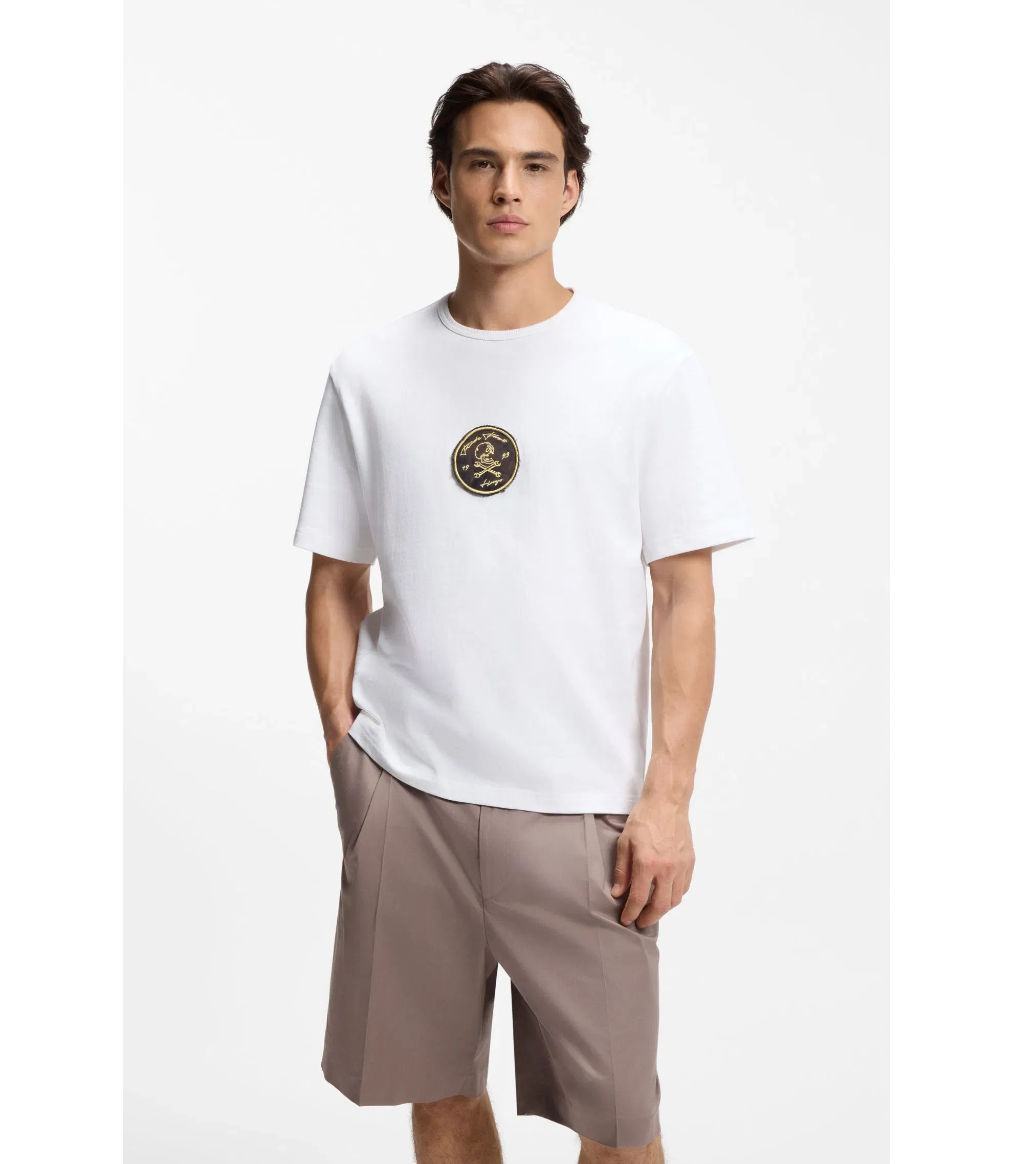 Hugo Embroidered Badge T-Shirt In Cotton Terry White