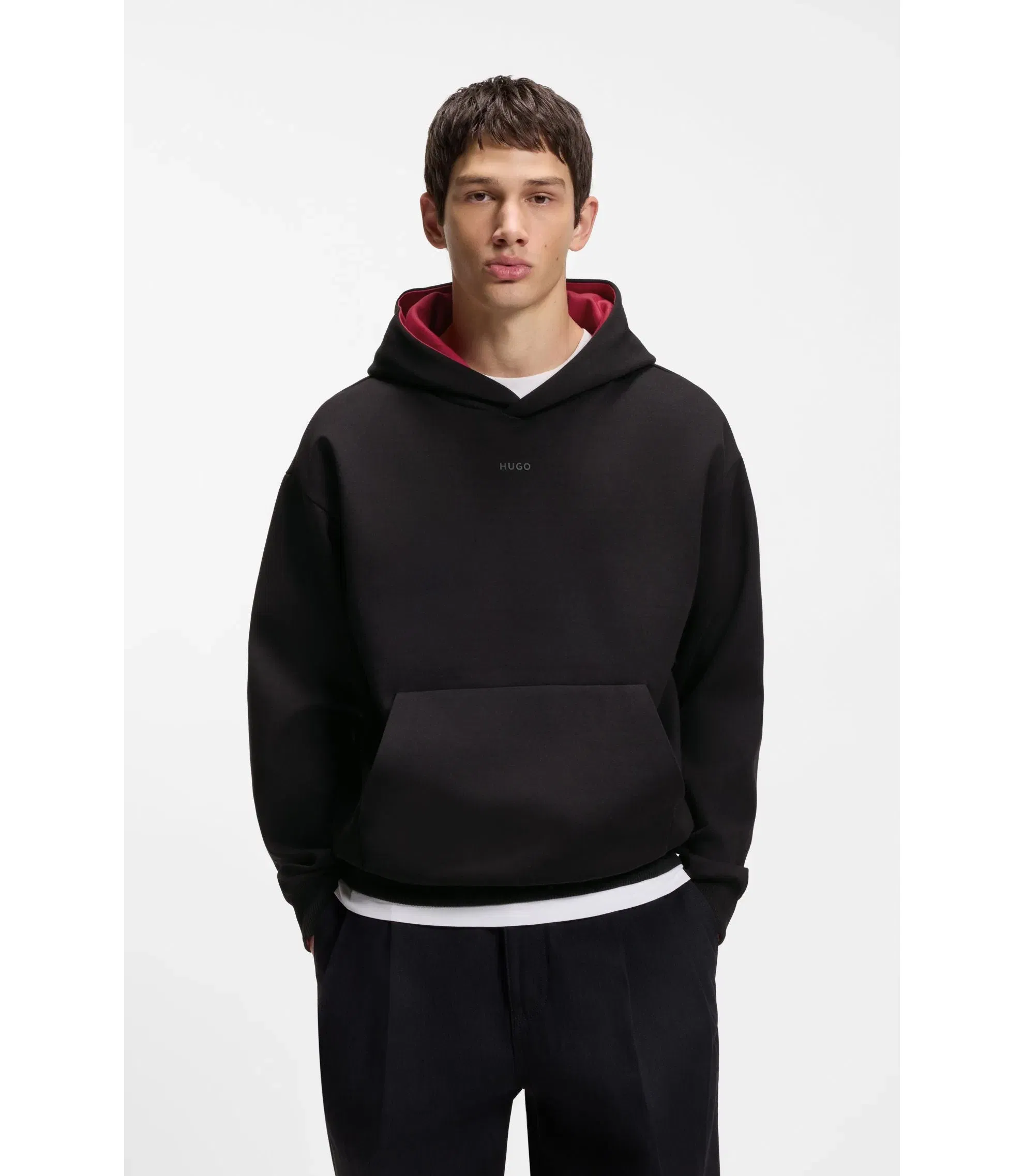 Hugo Embroidered Logo Hoodie In Stretch Cotton Black