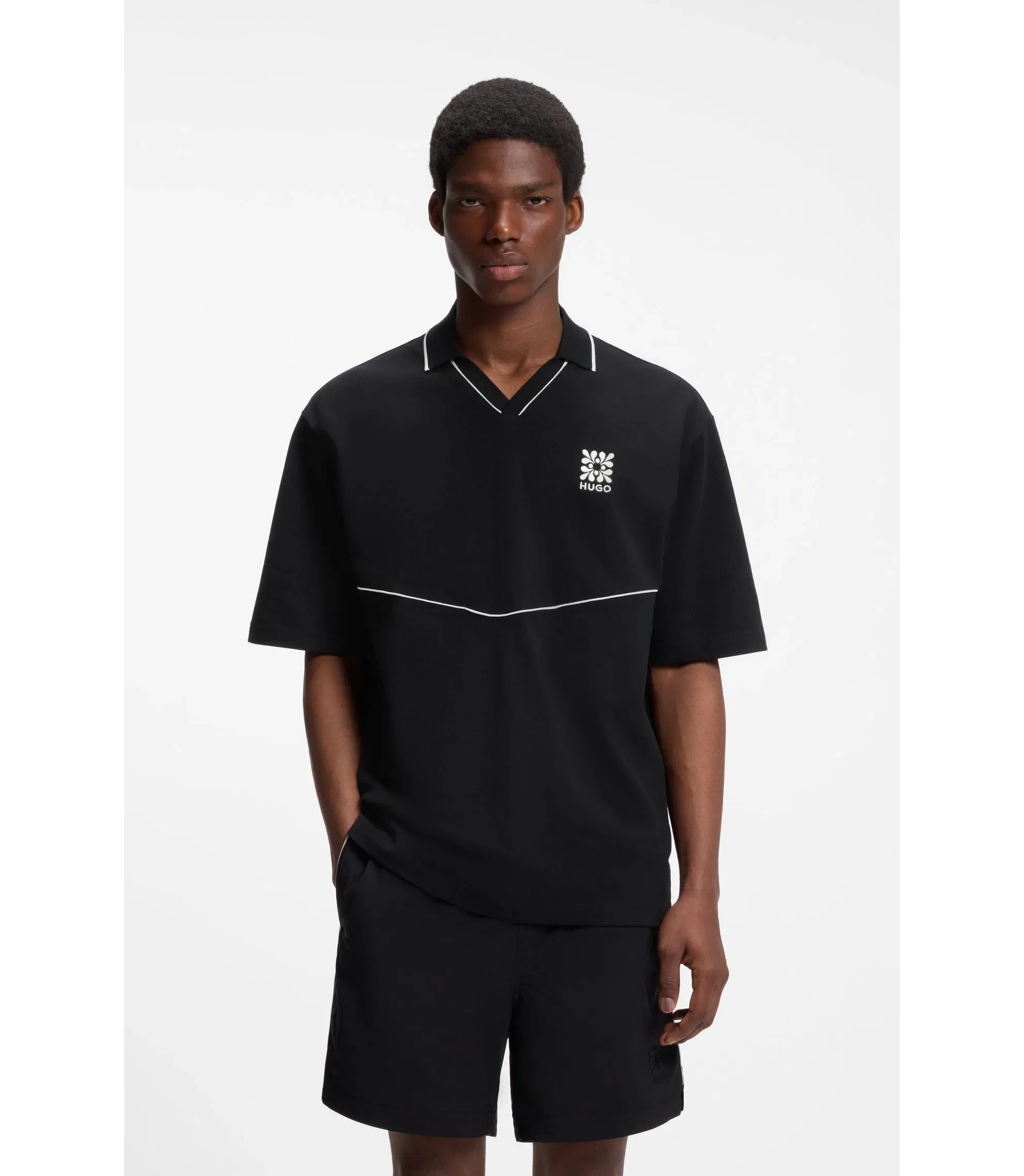 Hugo Embroidered Logo Polo Shirt With Johnny Collar Black