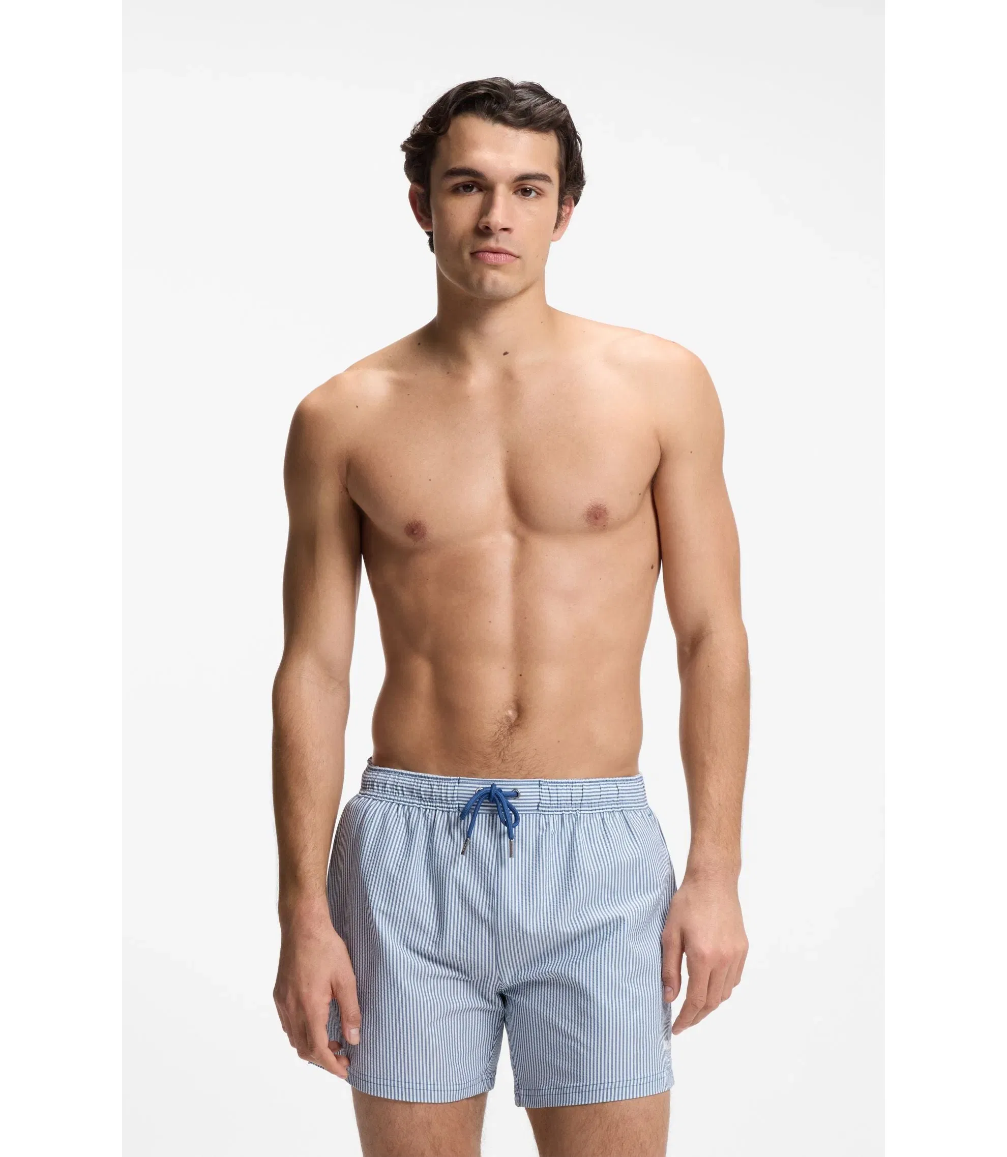 Boss Embroidered Logo Swim Shorts In Striped Seersucker Light Blue