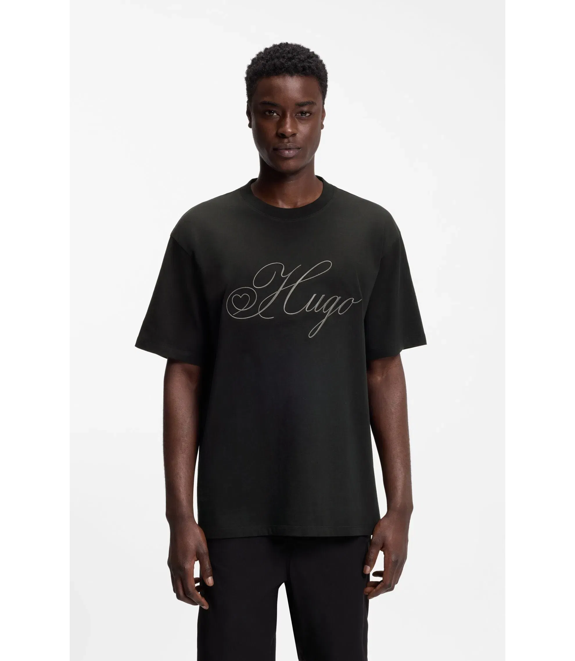 Hugo Embroidered Logo T-Shirt In Cotton Jersey Black