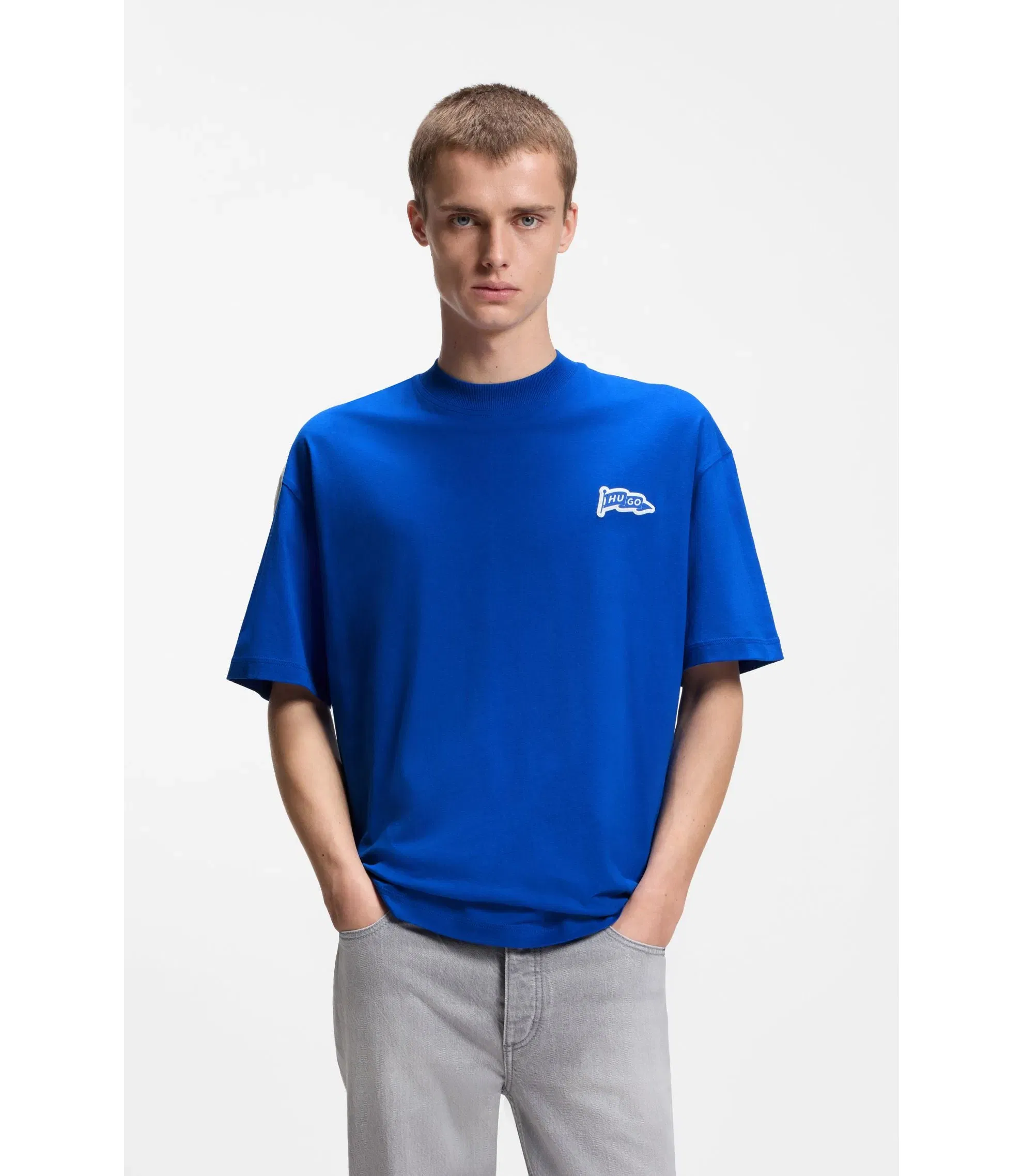 Hugo Flag Logo T-Shirt In Cotton Jersey Light Blue