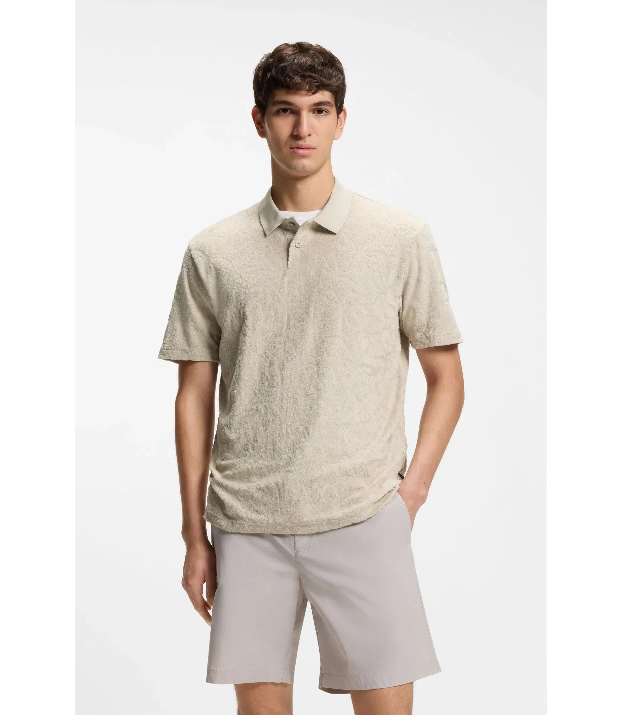 Boss Floral Jacquard Polo Shirt In A Cotton Blend Light Grey