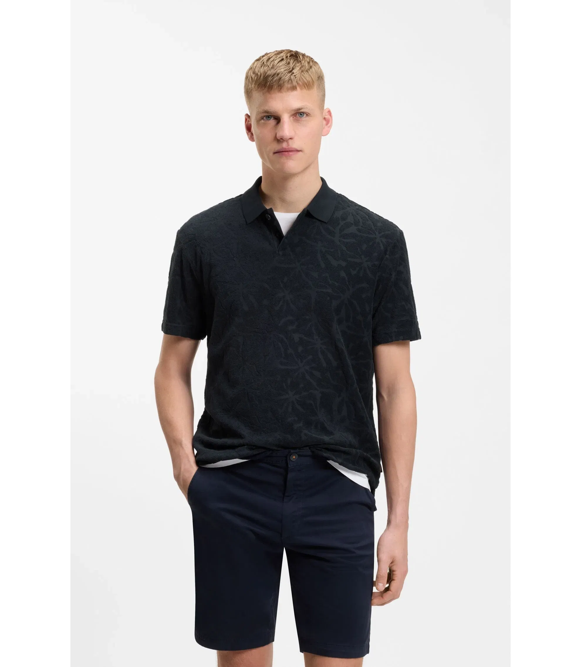 Boss Floral Jacquard Polo Shirt In A Cotton Blend Dark Blue