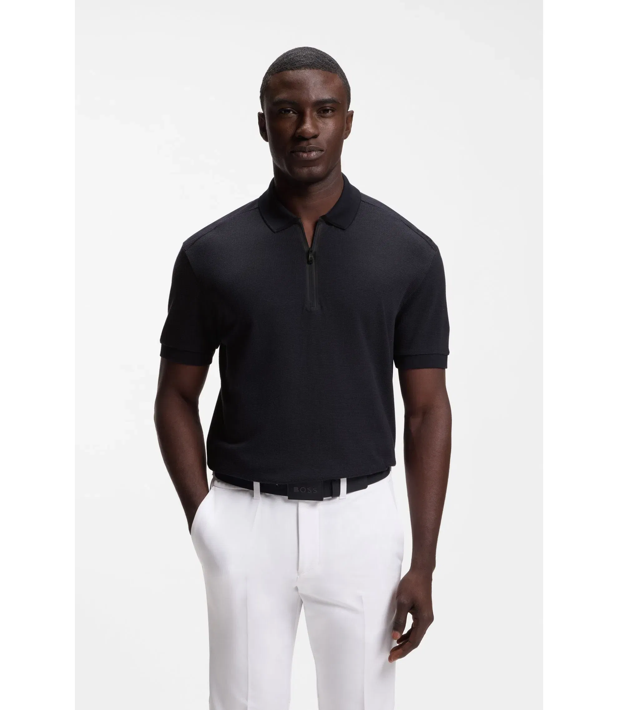 Boss Framed Zip Polo Shirt In Waffle Jacquard Dark Blue
