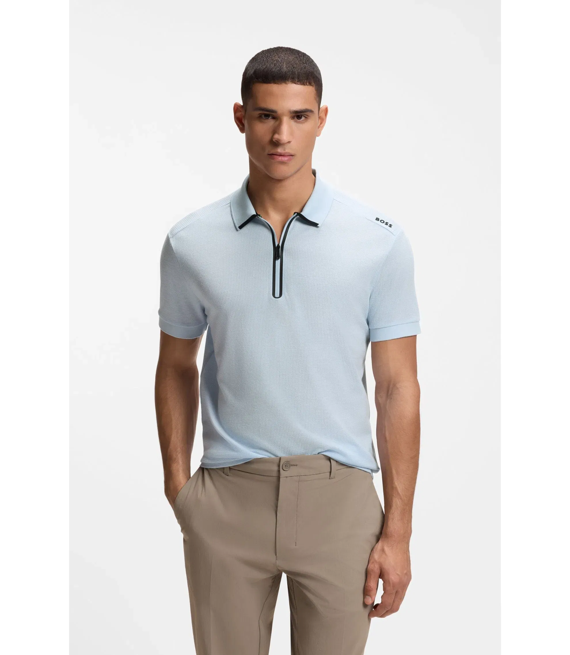 Boss Framed Zip Polo Shirt In Waffle Jacquard Light Blue