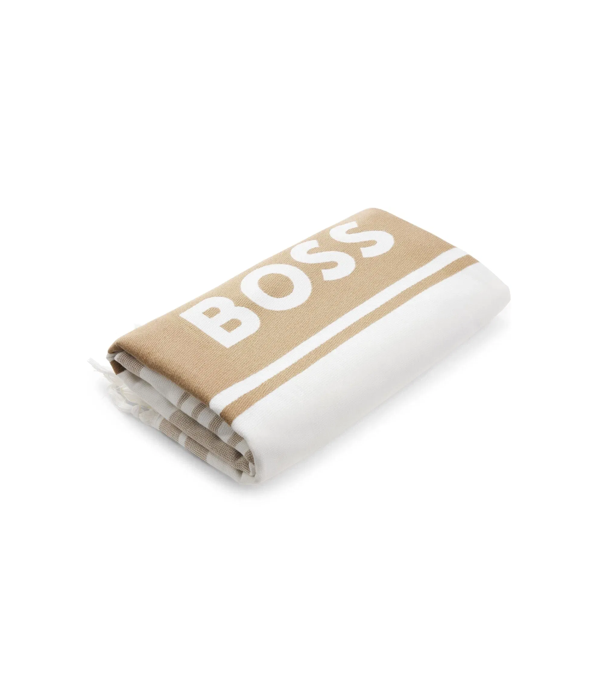 Boss Fringed Logo Beach Towel In Cotton Jacquard Beige
