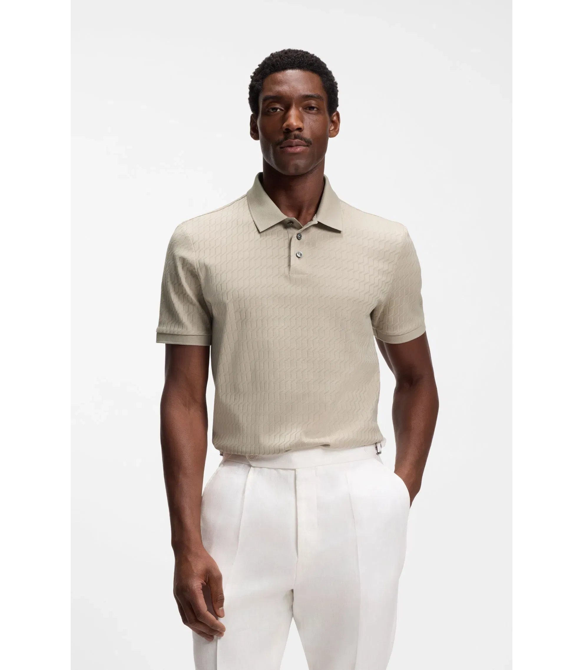 Boss Geometric Jacquard Polo Shirt In Cotton Light Beige
