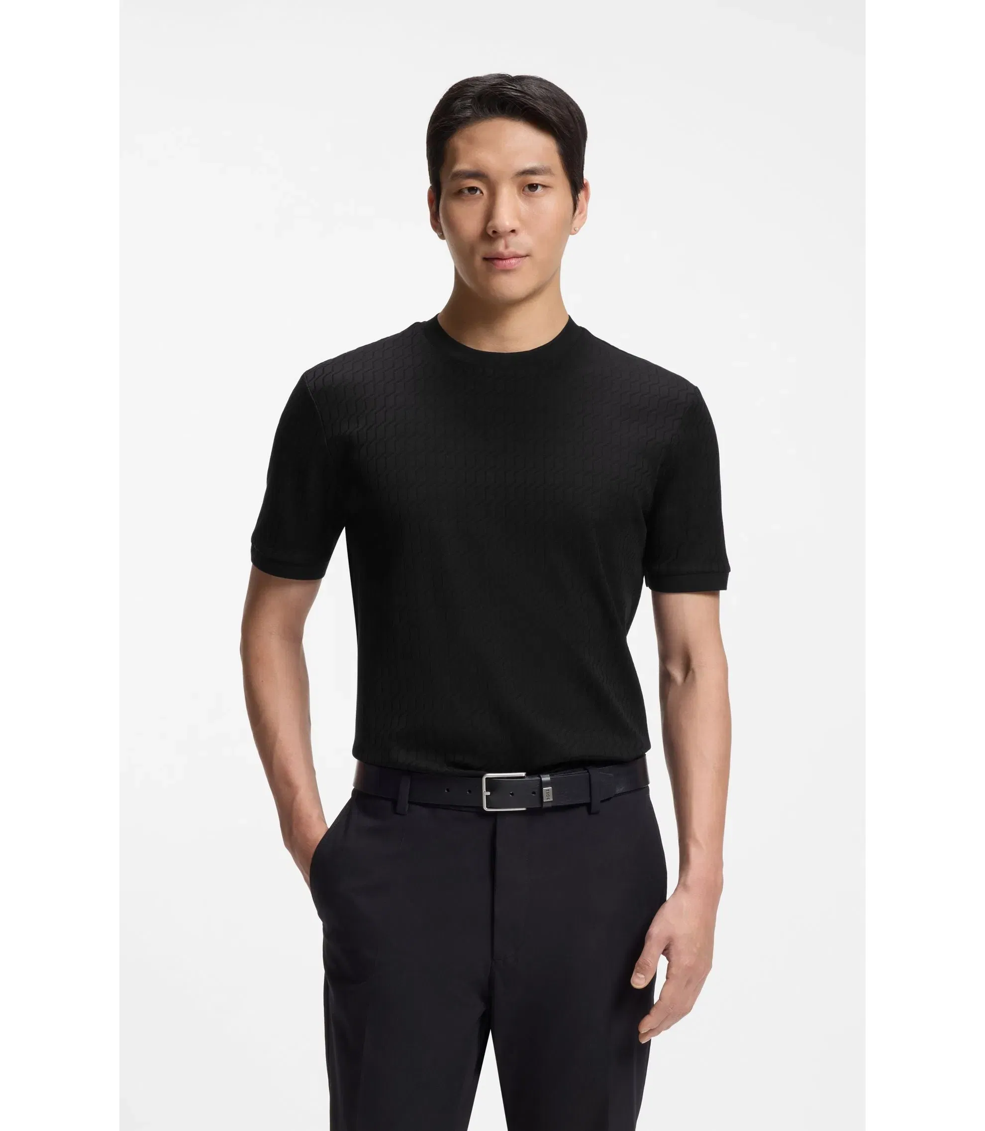 Boss Geometric Jacquard T-Shirt In Cotton Black