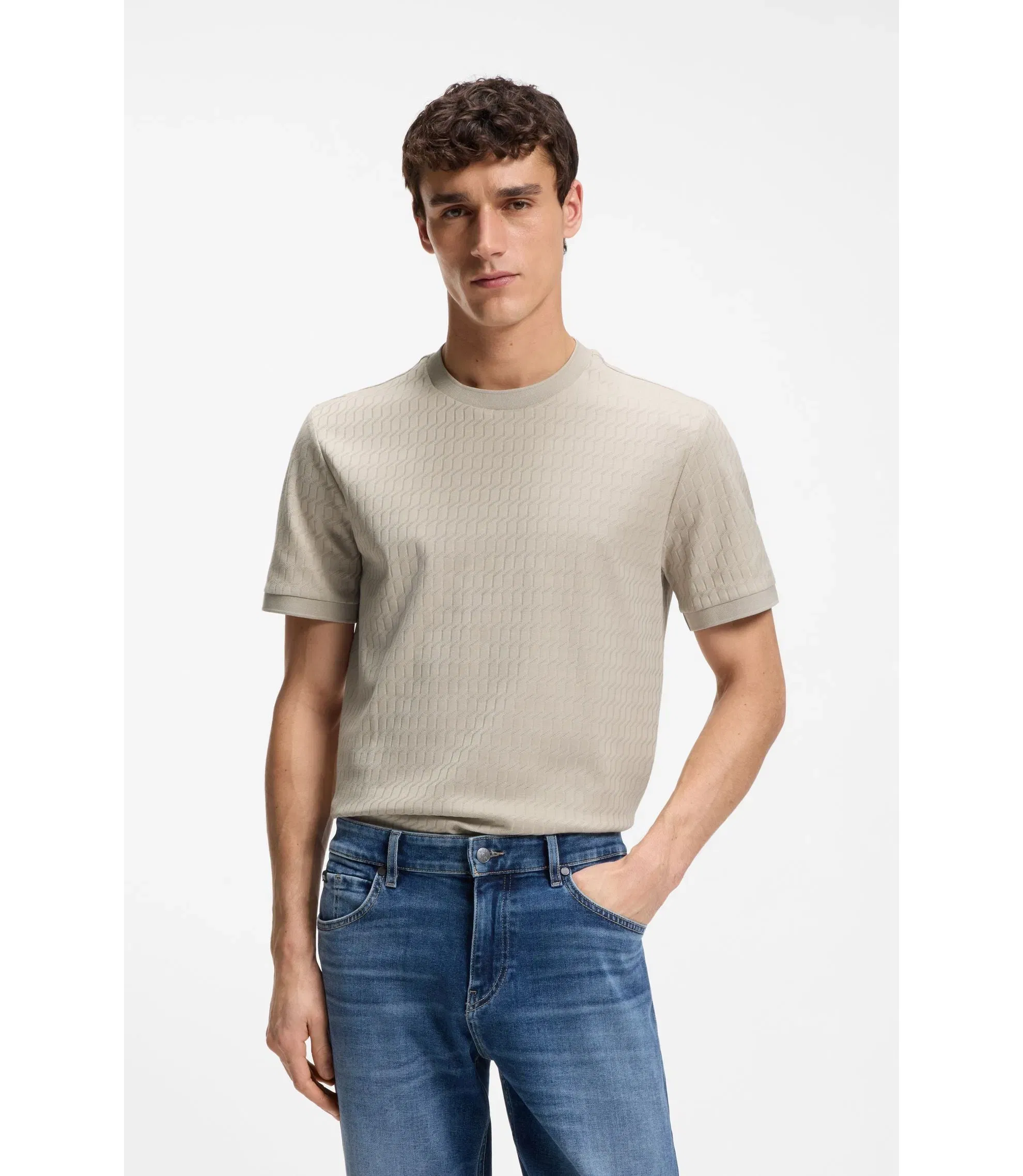 Boss Geometric Jacquard T-Shirt In Cotton Light Beige