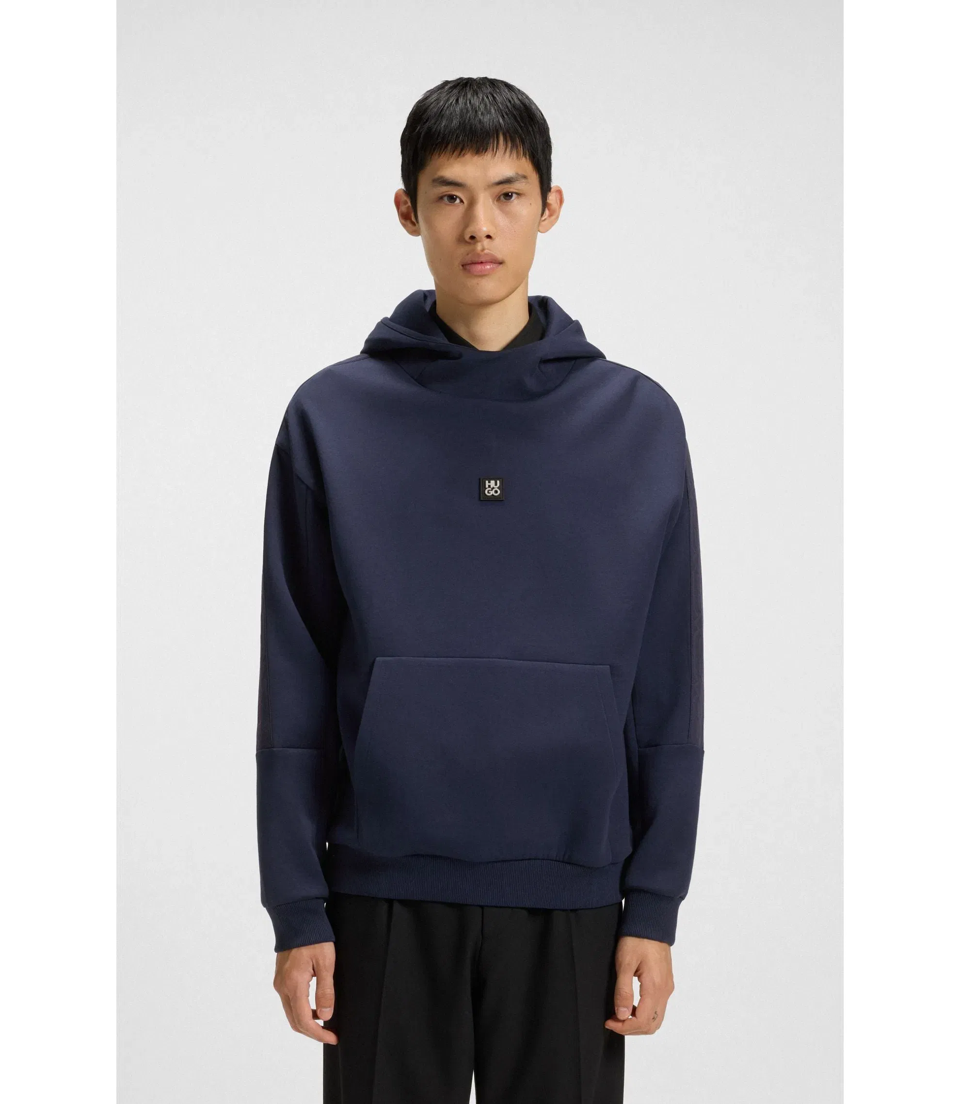 Hugo Geometric Tape Hoodie In A Cotton Blend Dark Blue