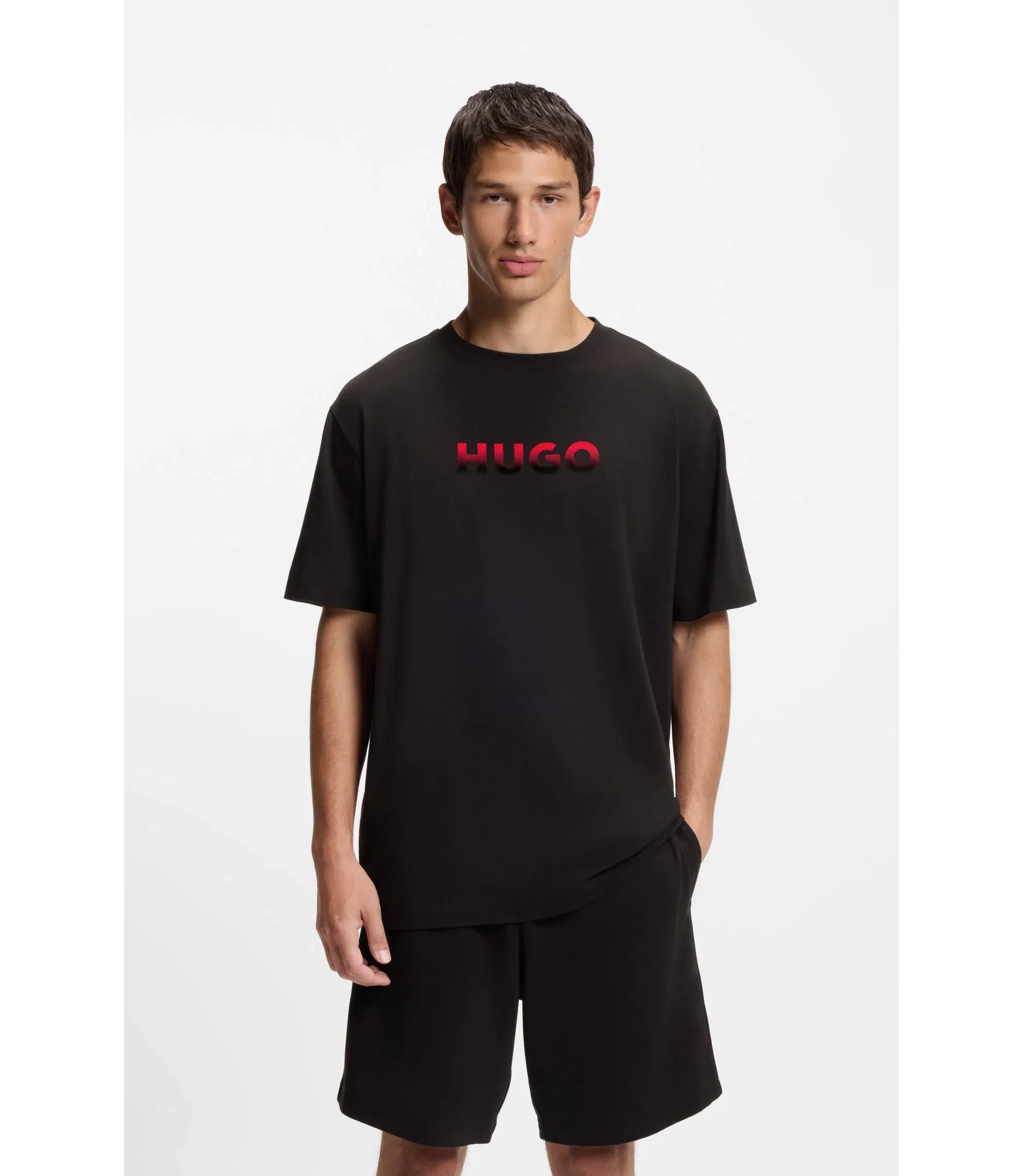 Hugo Gradient Logo Pyjama T-Shirt In A Cotton Blend Black