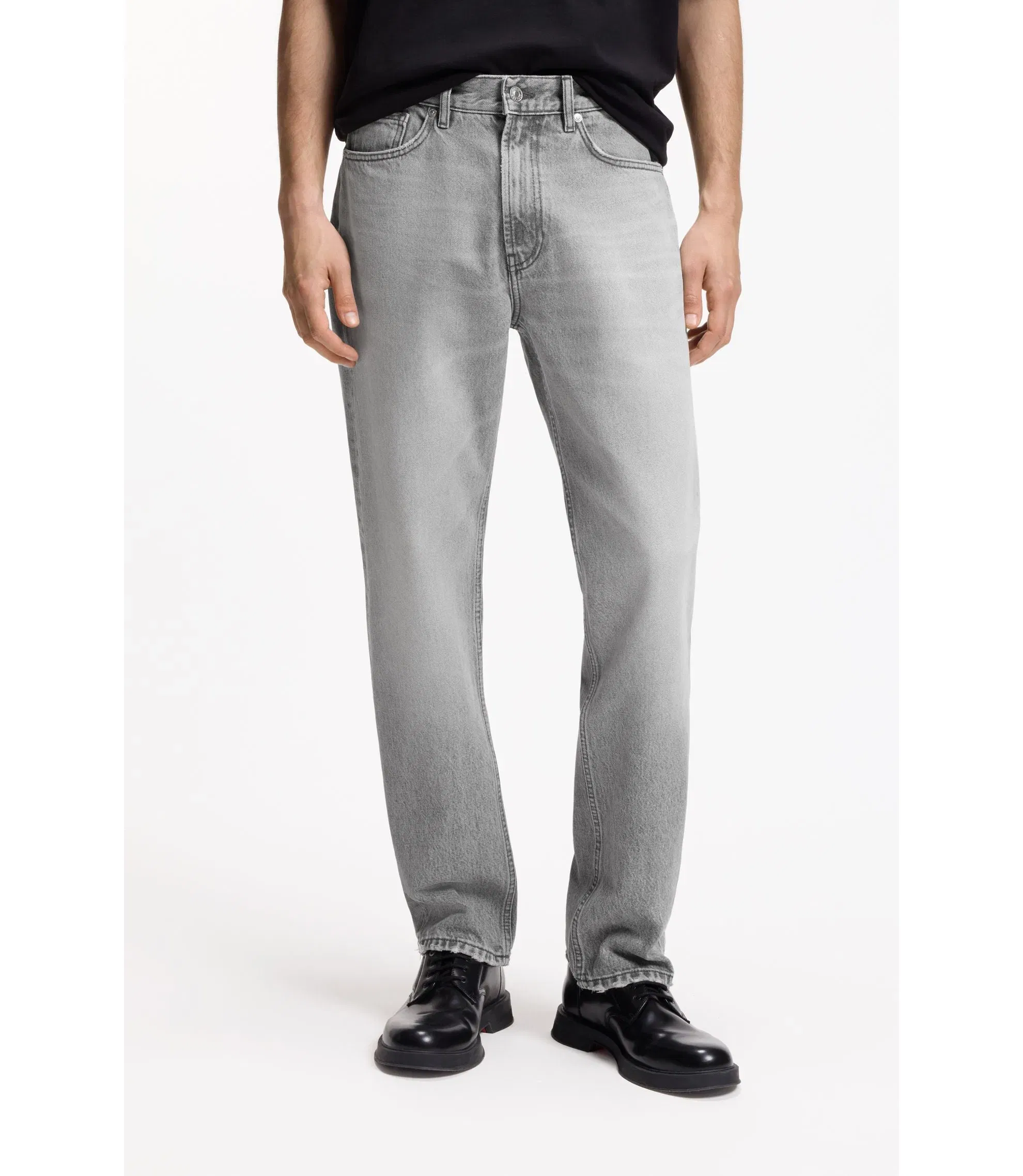 Hugo Grey Regular Fit Jeans In Stonewashed Denim Silver