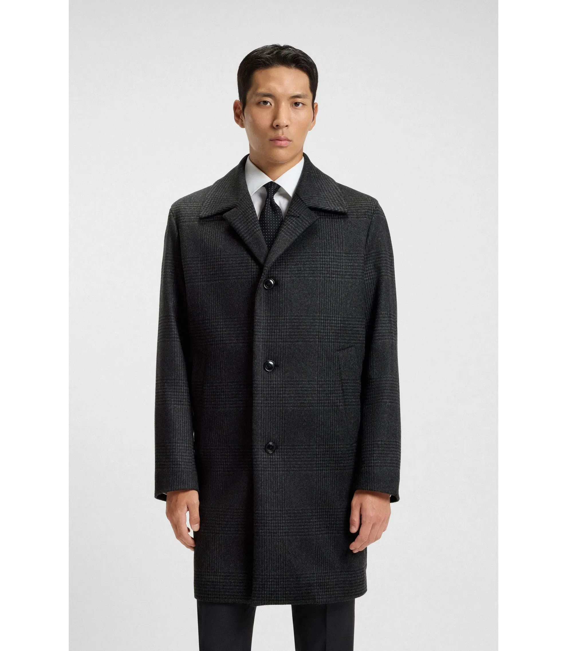 Boss Checked Relaxed Fit Coat In Wool And Cashmere Black
