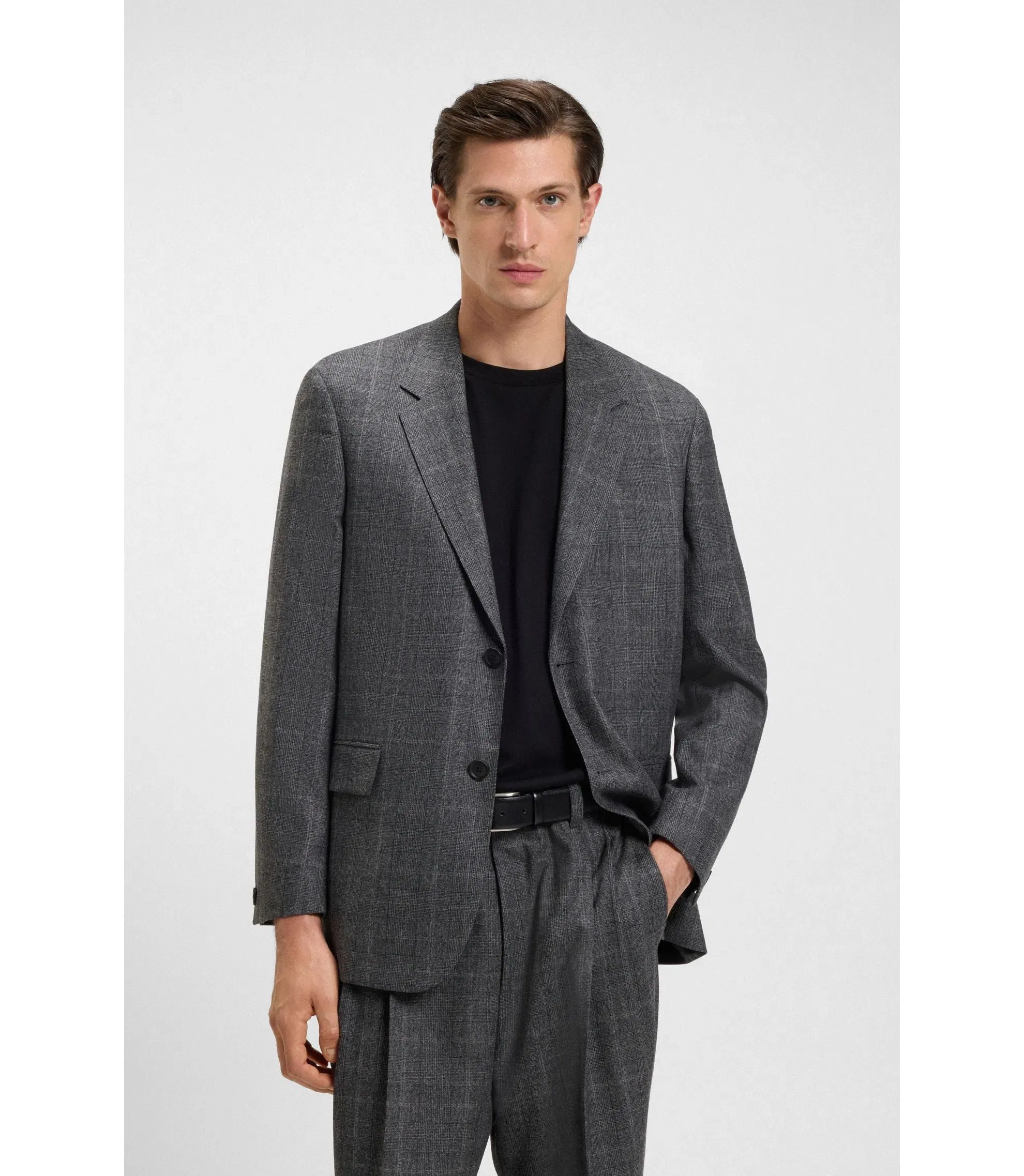 Boss Checked Relaxed Fit Jacket In Stretch Wool Grey