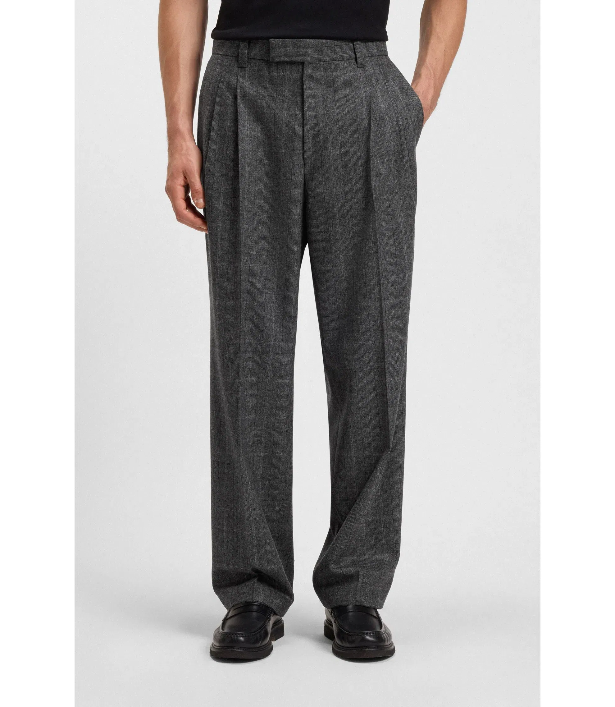 Boss Checked Relaxed Fit Trousers In Stretch Wool Grey