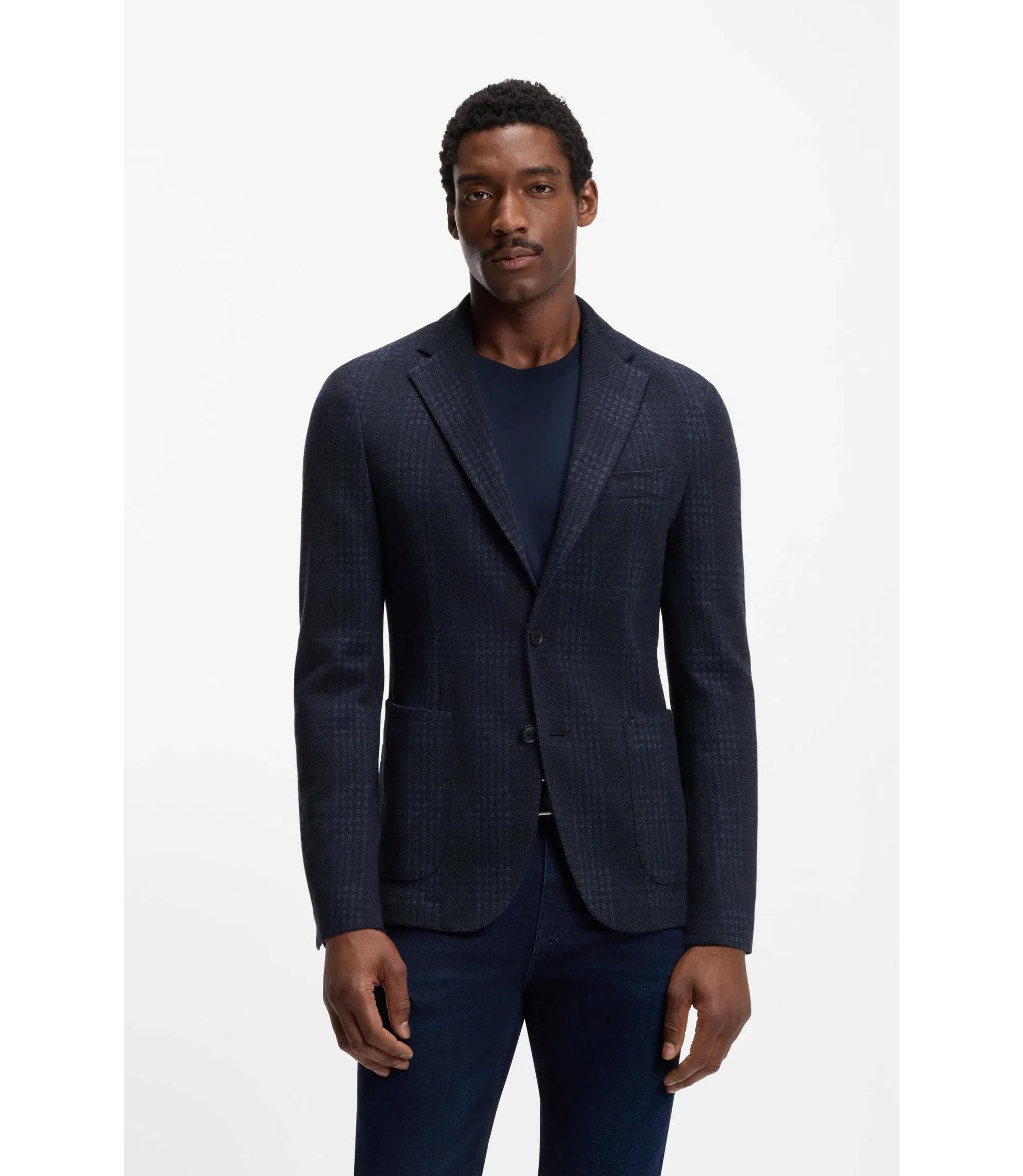 Boss Checked Slim Fit Jacket In A Cotton Blend Dark Blue