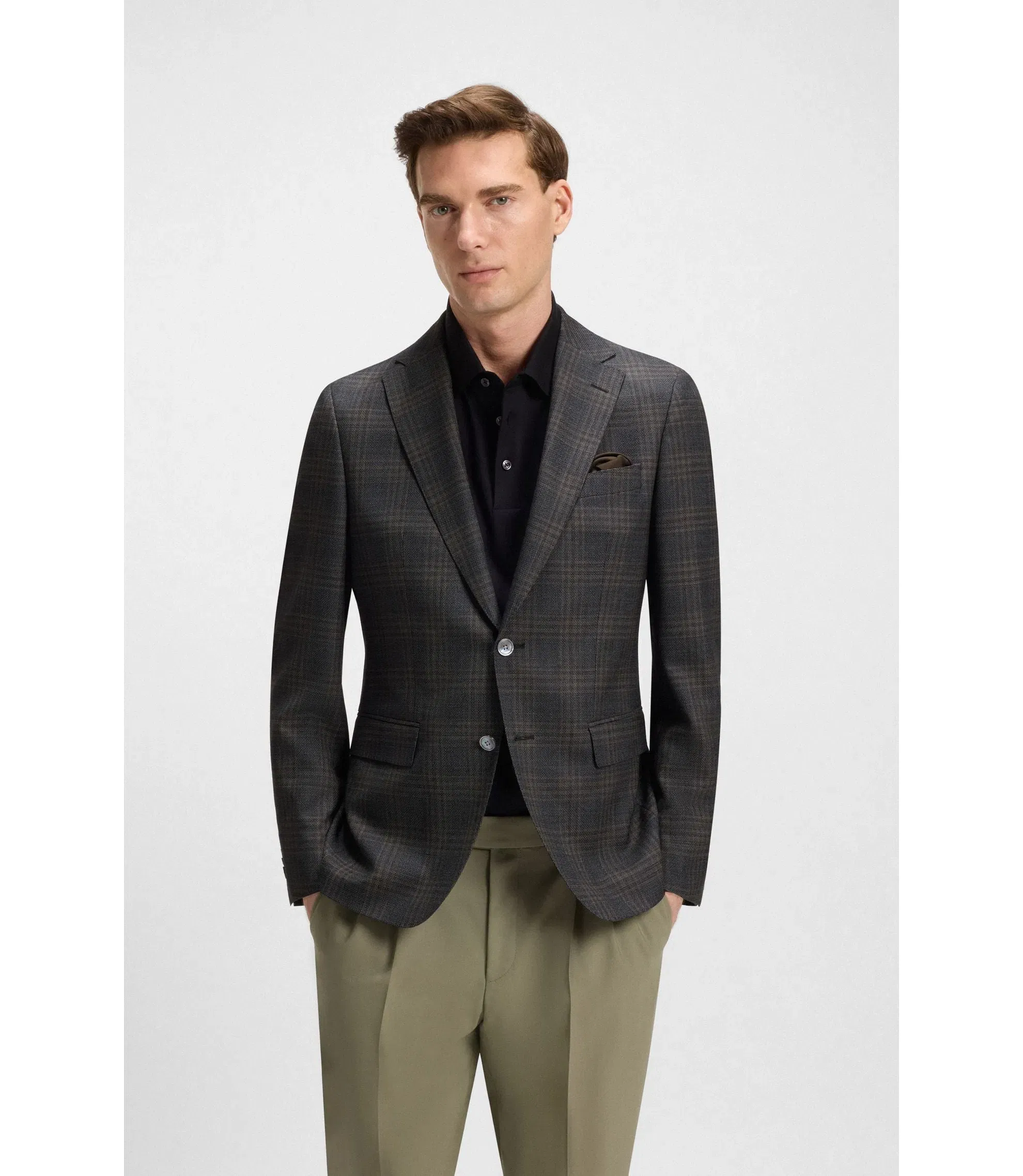 Boss Checked Slim Fit Jacket In Virgin Wool Black