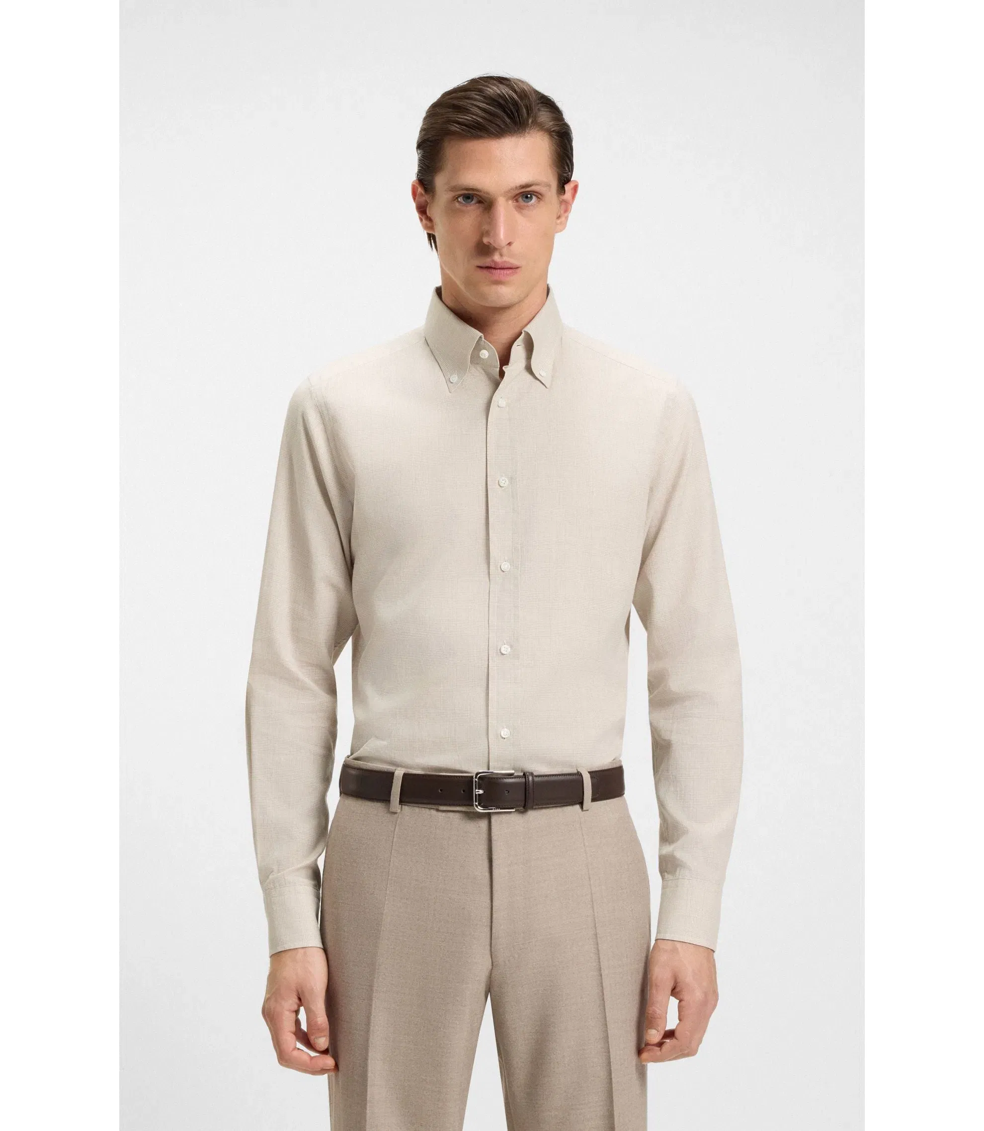 Boss Checked Slim Fit Shirt In Cotton Flannel Light Beige