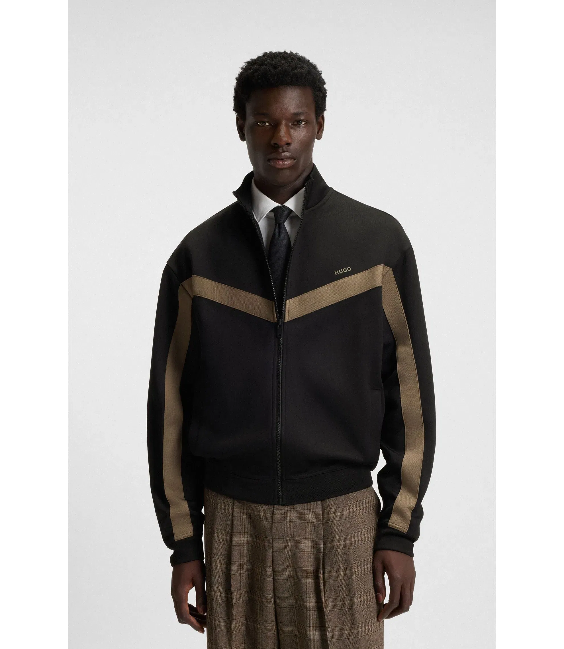 Hugo Chevron Tape Zip Up Sweatshirt In A Relaxed Fit Black