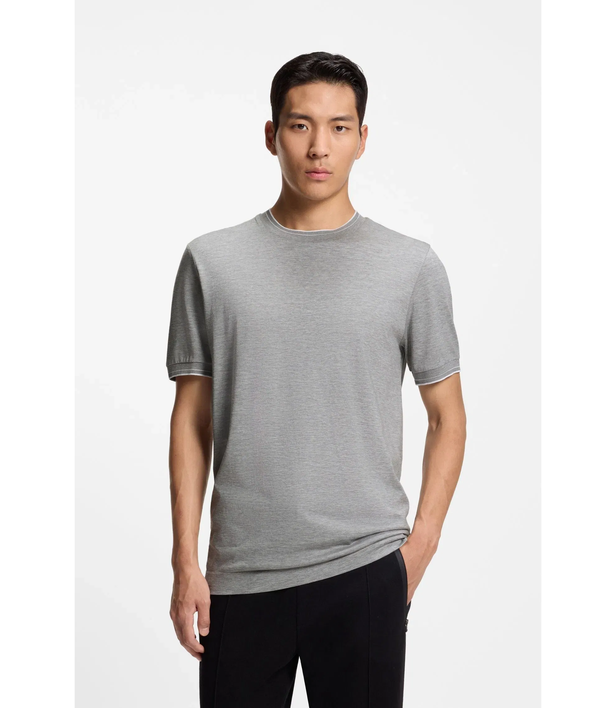 Boss Collar Tipping T-Shirt In Cotton And Silk Silver