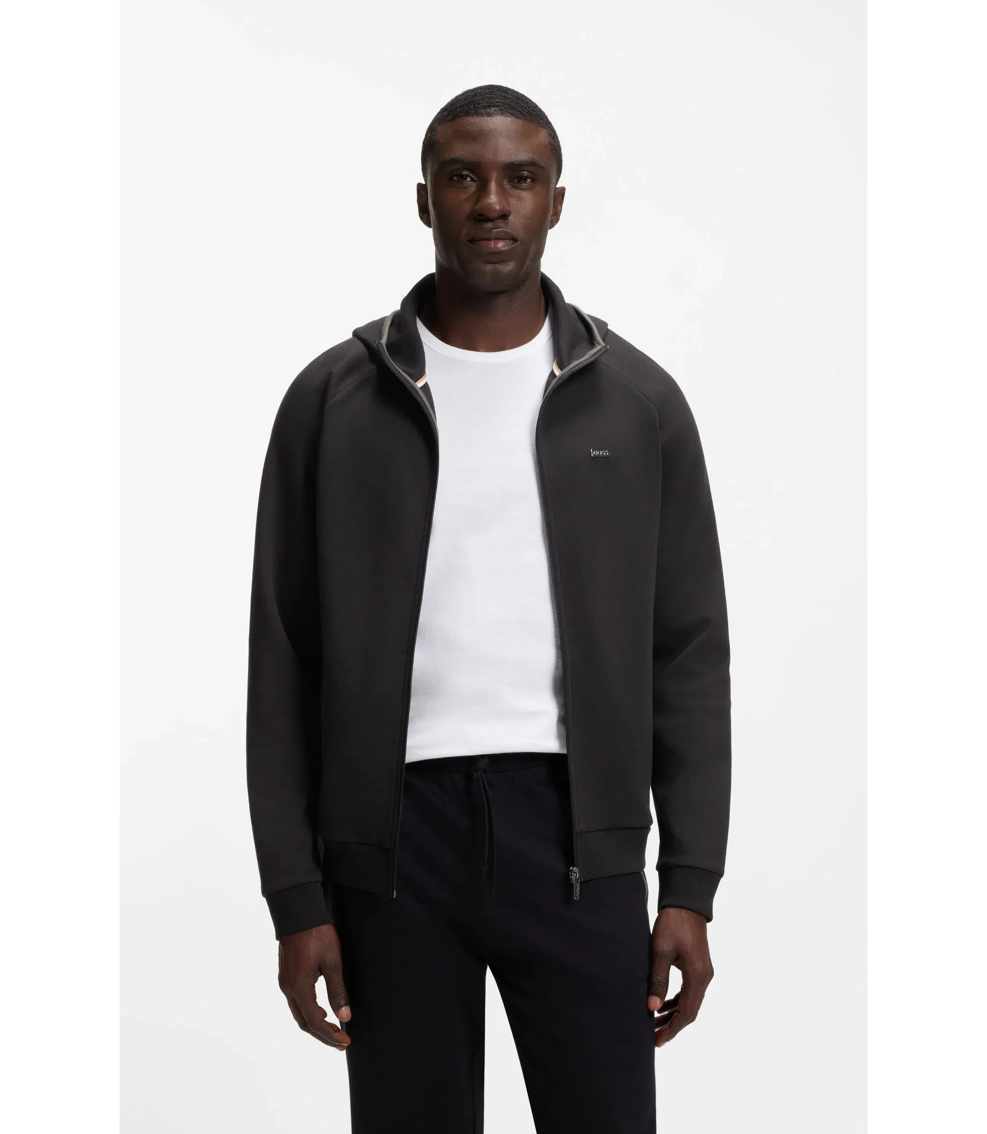 Boss Contrast Binding Zip Up Hoodie In A Cotton Blend Black