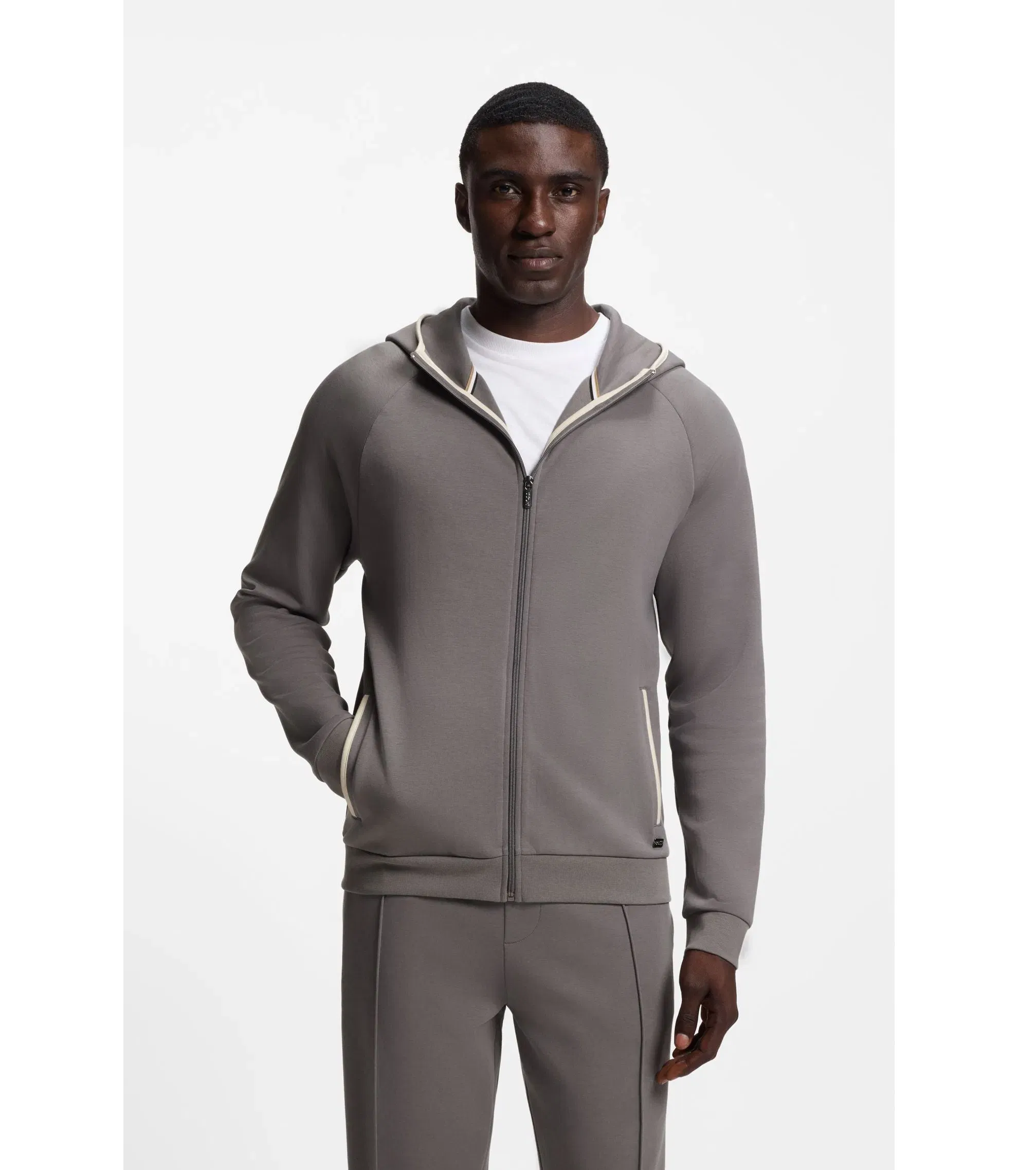 Boss Contrast Binding Zip Up Hoodie In A Cotton Blend Dark Grey