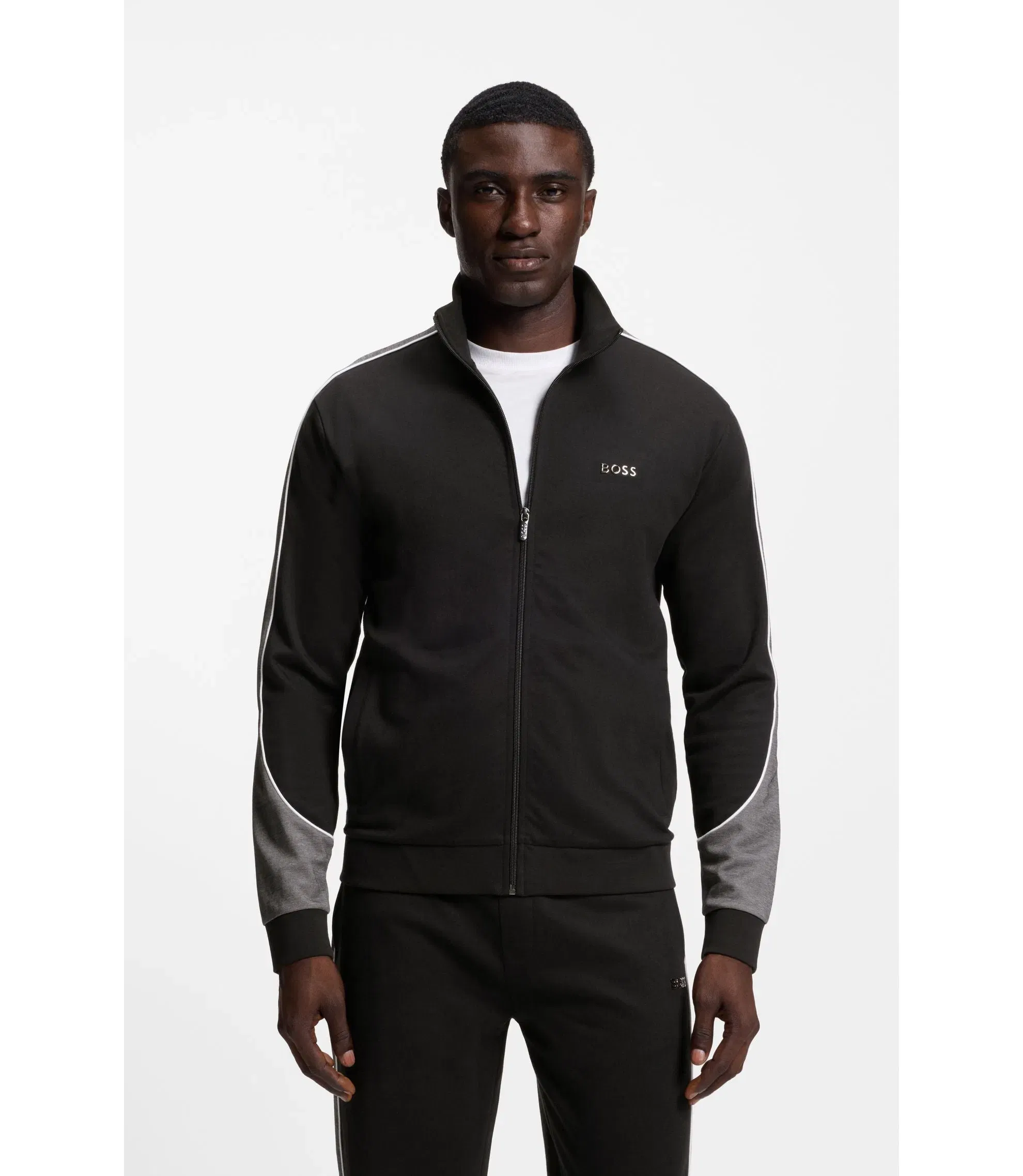 Boss Contrast Detail Zip Up Jacket In A Cotton Blend Black