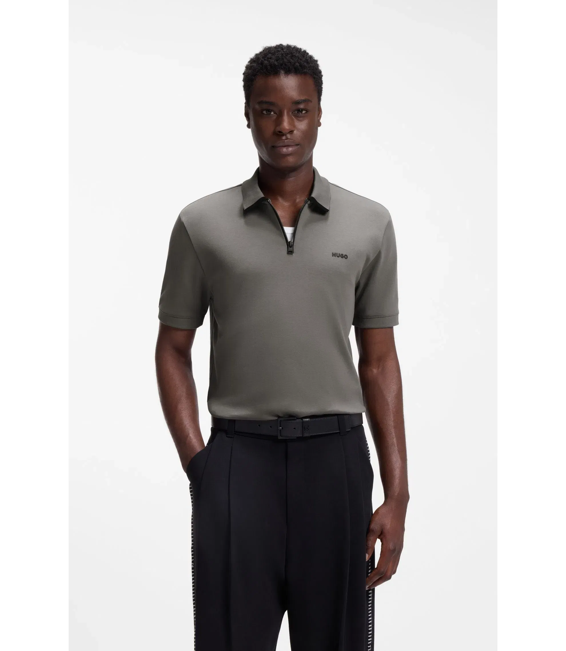 Hugo Contrast Logo Polo Shirt In Cotton Piqu Dark Grey
