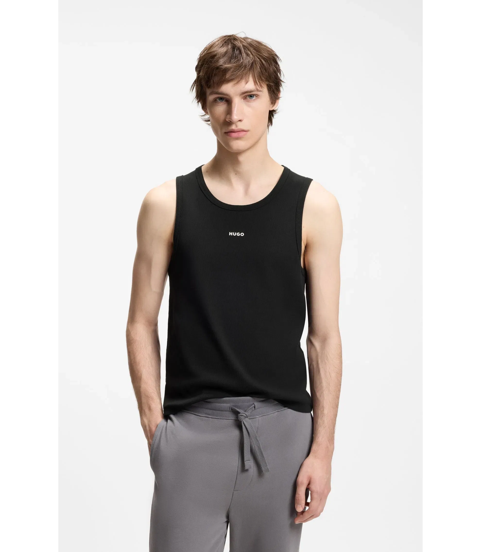Hugo Contrast Logo Slim Fit Tank Top In Stretch Cotton Black