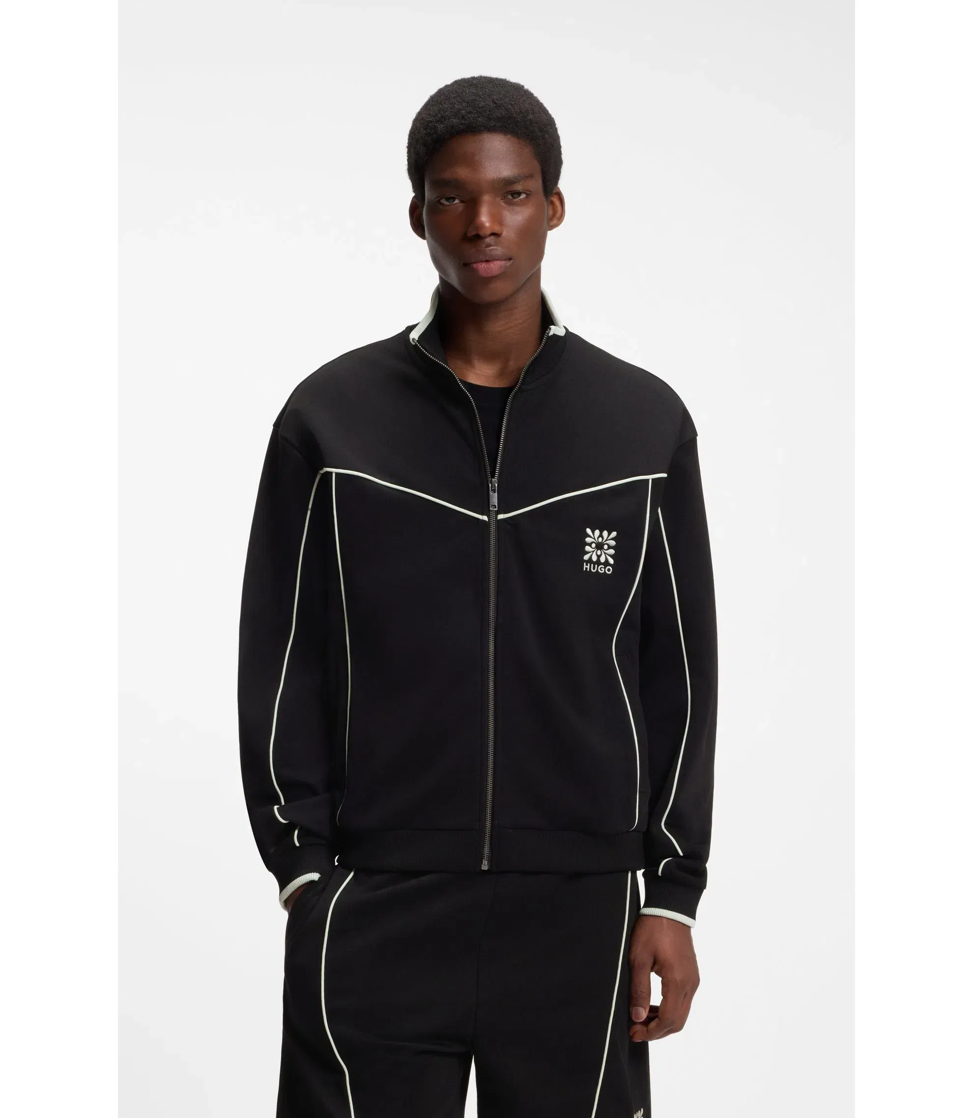Hugo Cotton Blend Jacket With Embroidered Logo Artwork Black