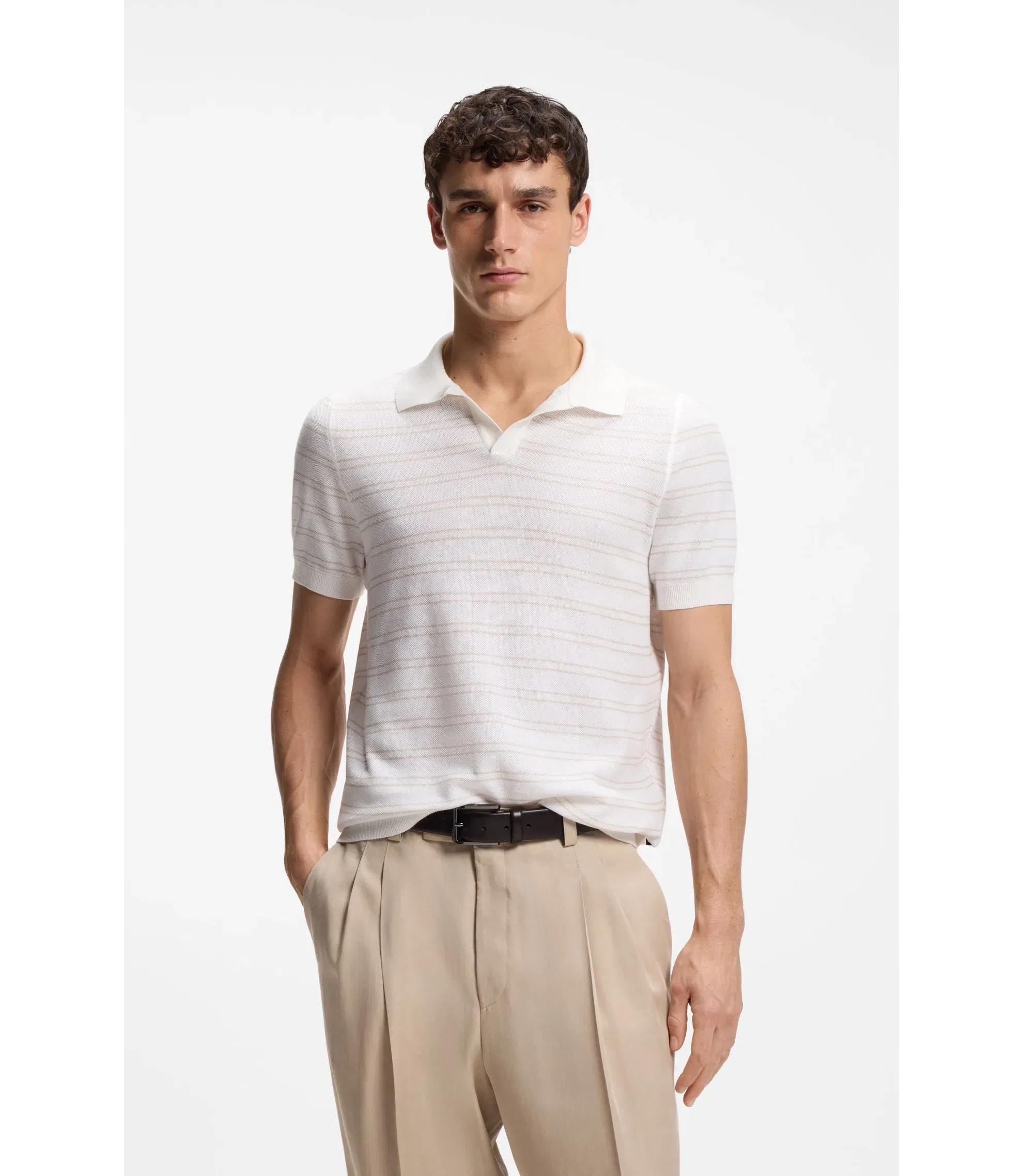 Boss Cotton Blend Knit Polo With Horizontal Stripe White