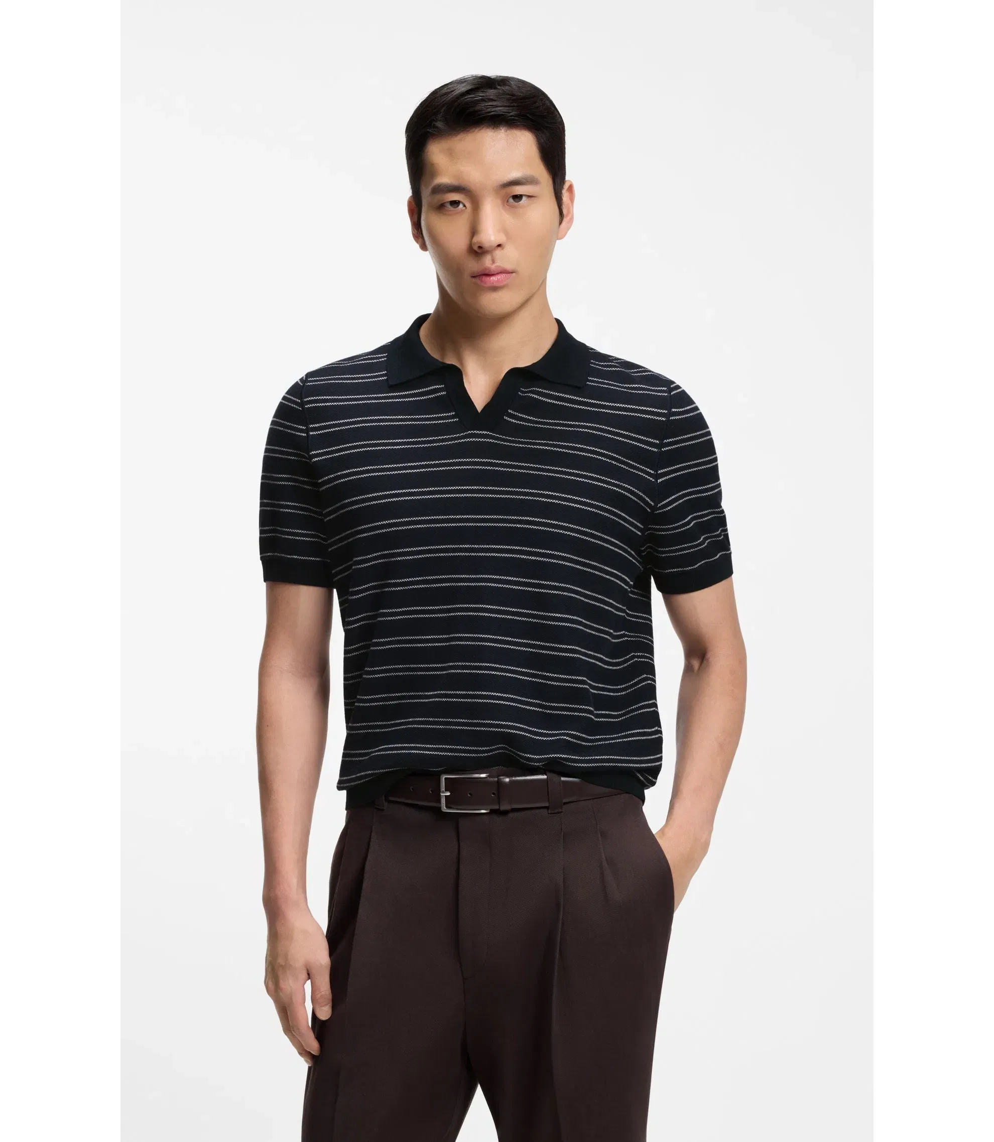 Boss Cotton Blend Knit Polo With Horizontal Stripe Dark Blue