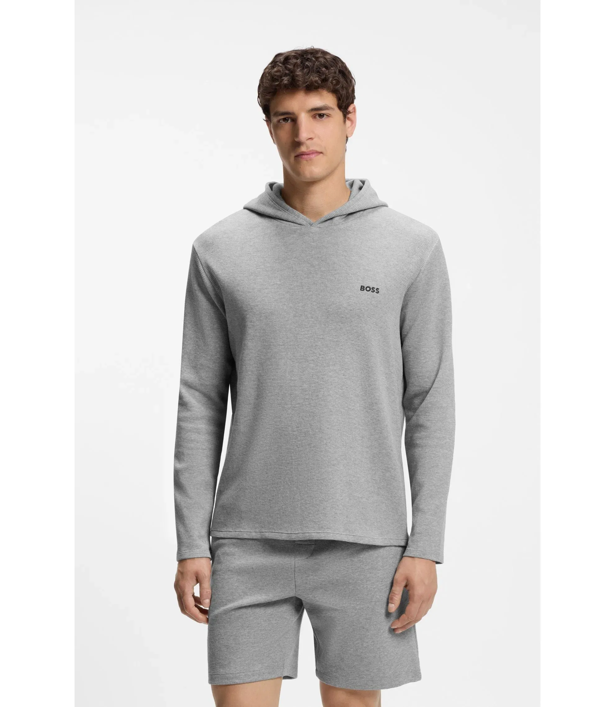 Boss Cotton Blend Pajama Hoodie With Waffle Structure Grey