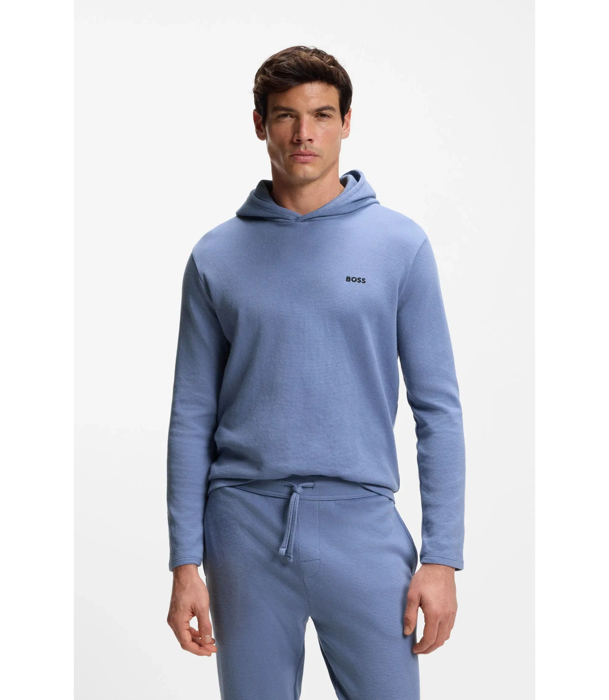 Boss Cotton Blend Pajama Hoodie With Waffle Structure Light Blue