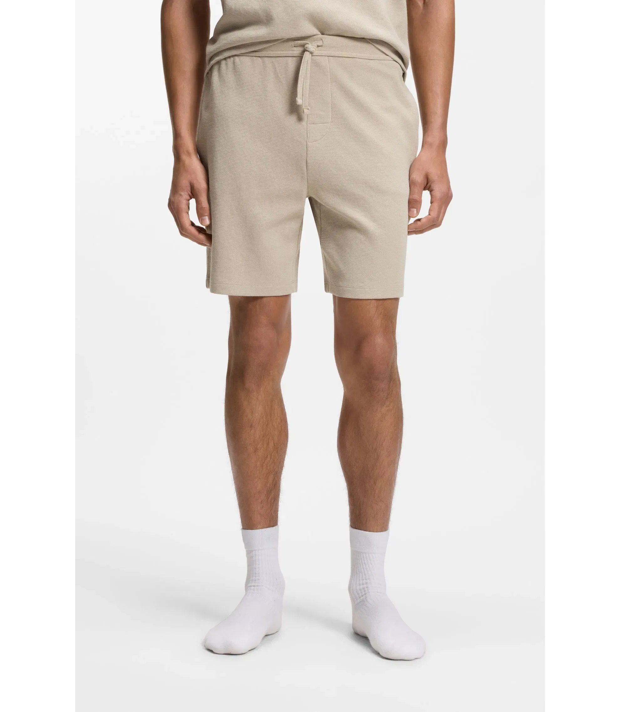 Boss Cotton Blend Pajama Shorts With Embroidered Logo Light Beige