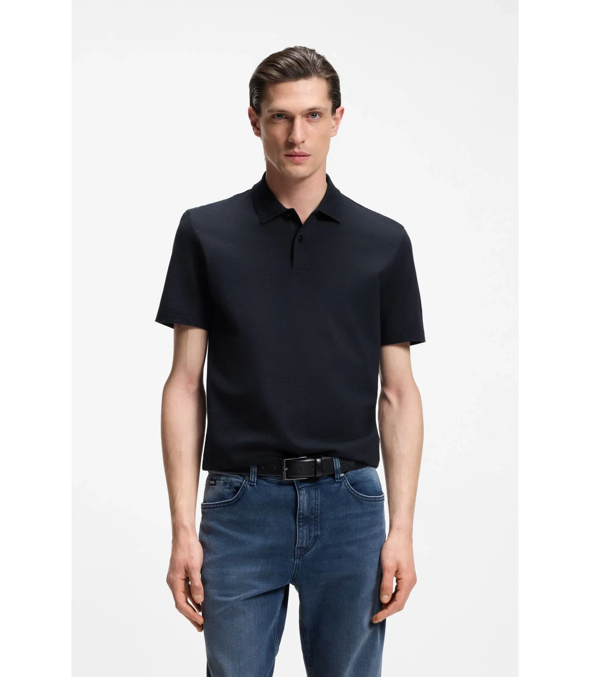 Boss Cotton Blend Polo Shirt With Bubble Structured Jacquard Dark Blue