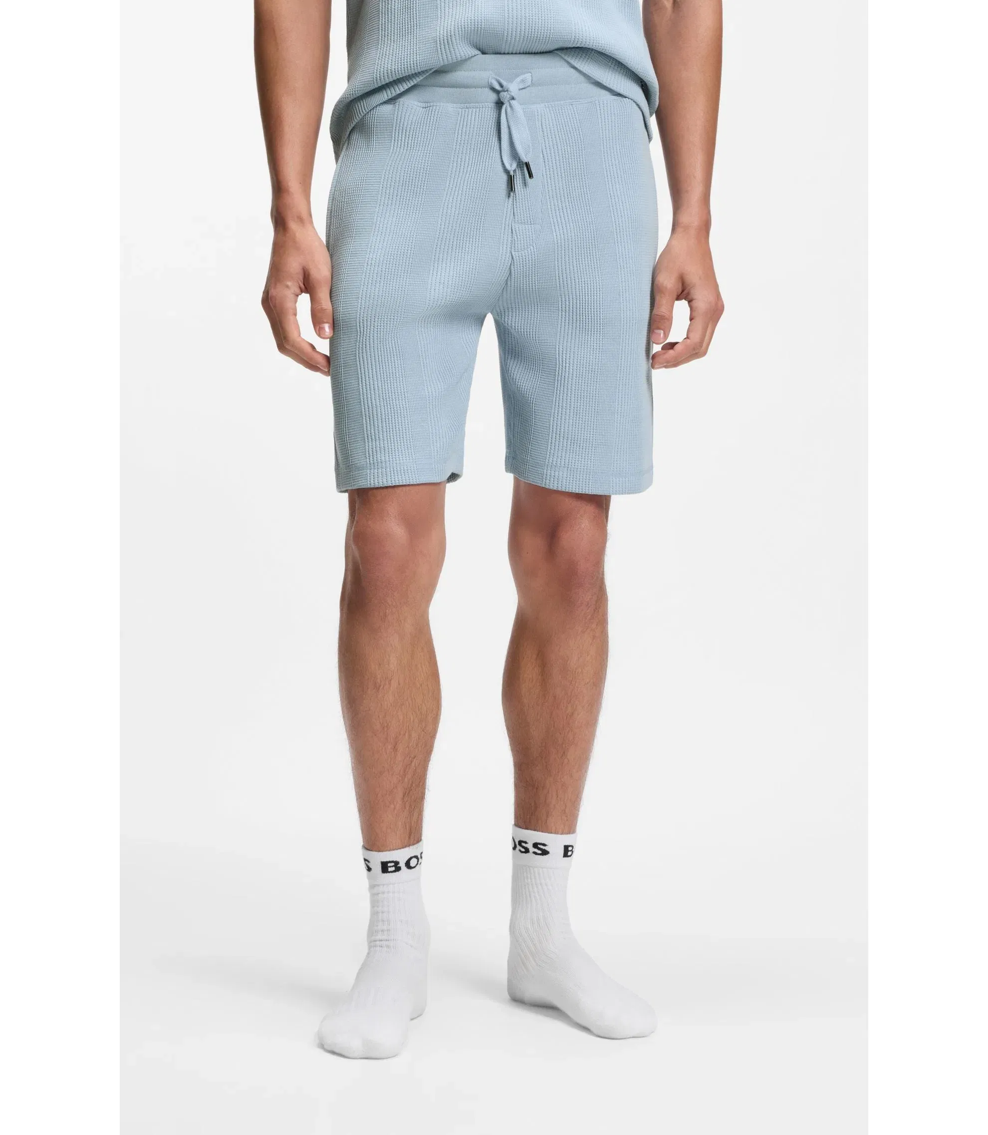 Boss Cotton Blend Shorts With Waffle Texture Light Blue