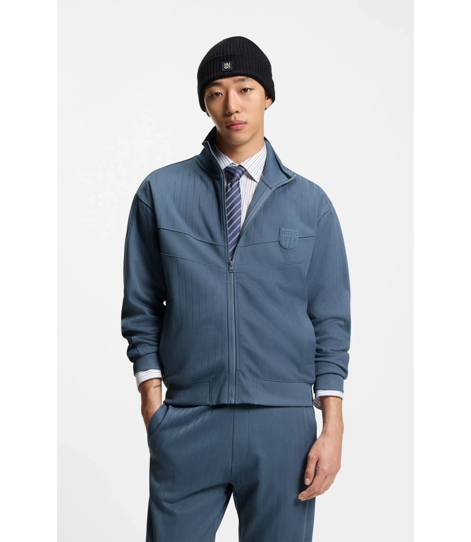 Hugo Cotton Blend Sweatshirt With Drop Needle Stripe Light Blue