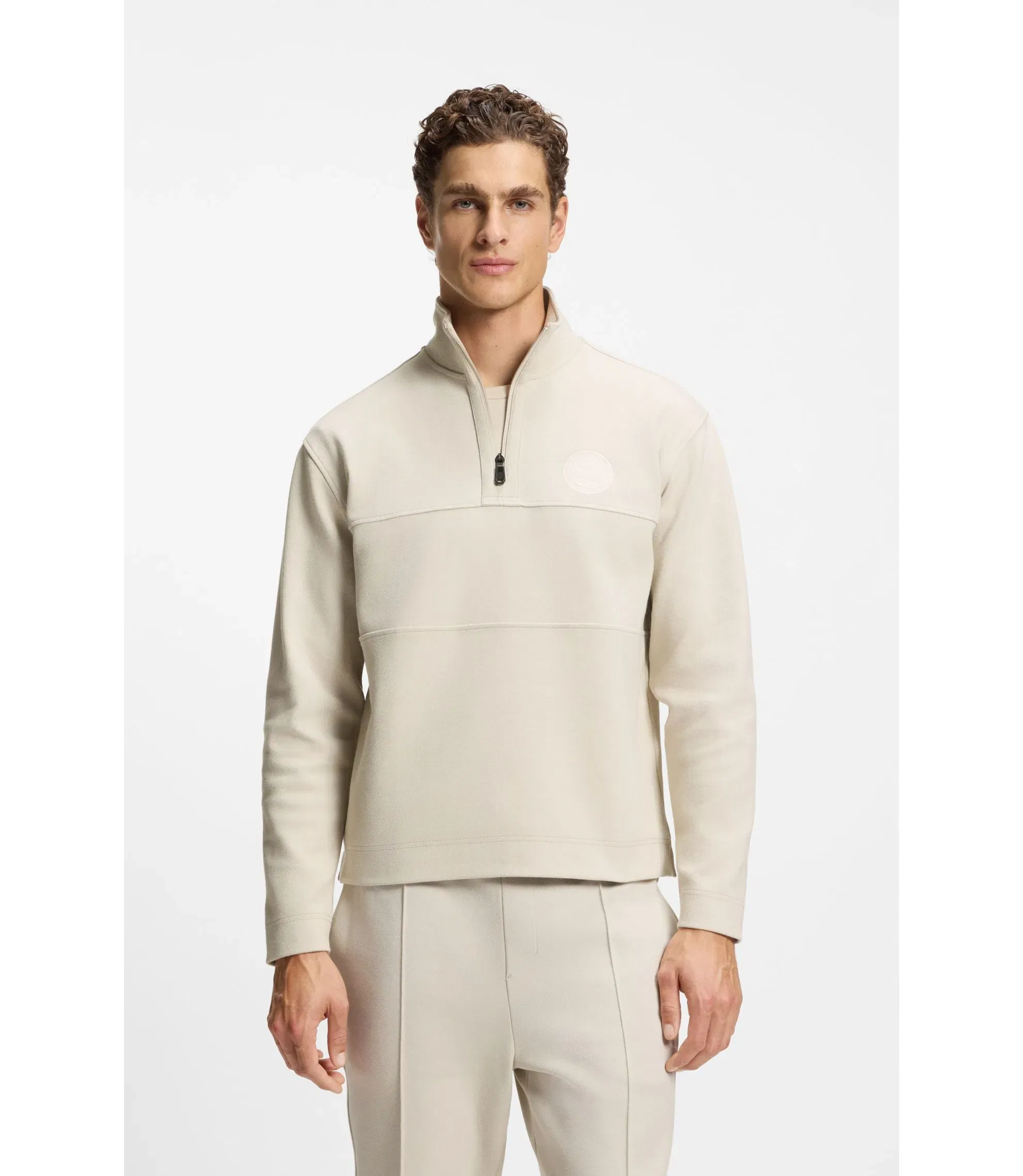 Boss Cotton Blend Sweatshirt With Tennis Themed Logo Light Beige