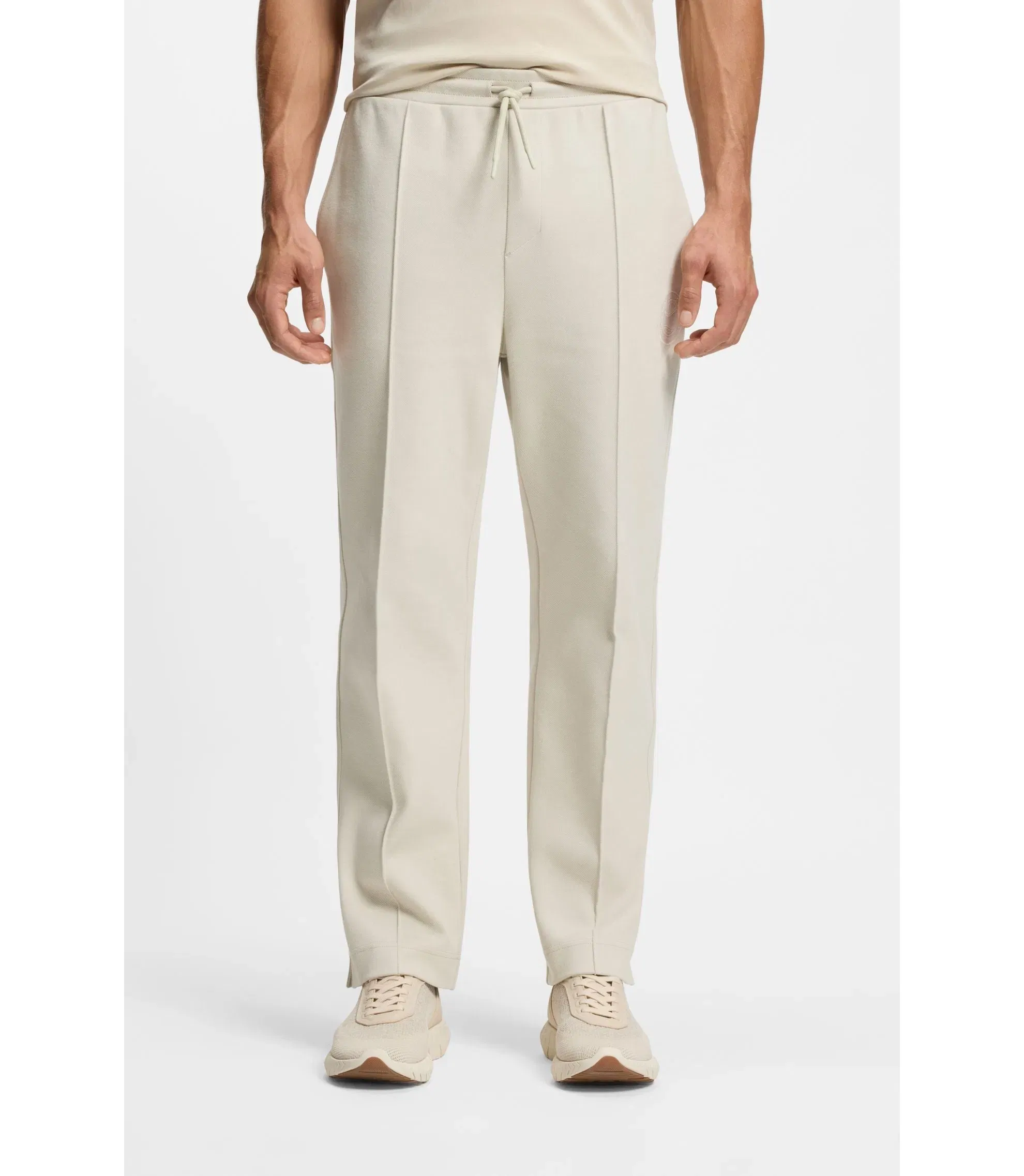 Boss Cotton Blend Tracksuit Bottoms With Tennis Themed Logo Light Beige
